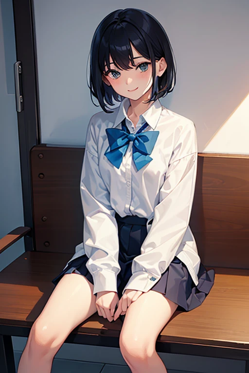 Two-dimensional beautiful girl,sit on the chair,Bring your legs together,white short hair,Tender white skin,Wear a school uniform,A shy smile,Medium chest,Wear long sleeves underneath,Opened the student uniform,Immature face,She covered her legs with her hands,Dodging eyes,wearing trousers,school background