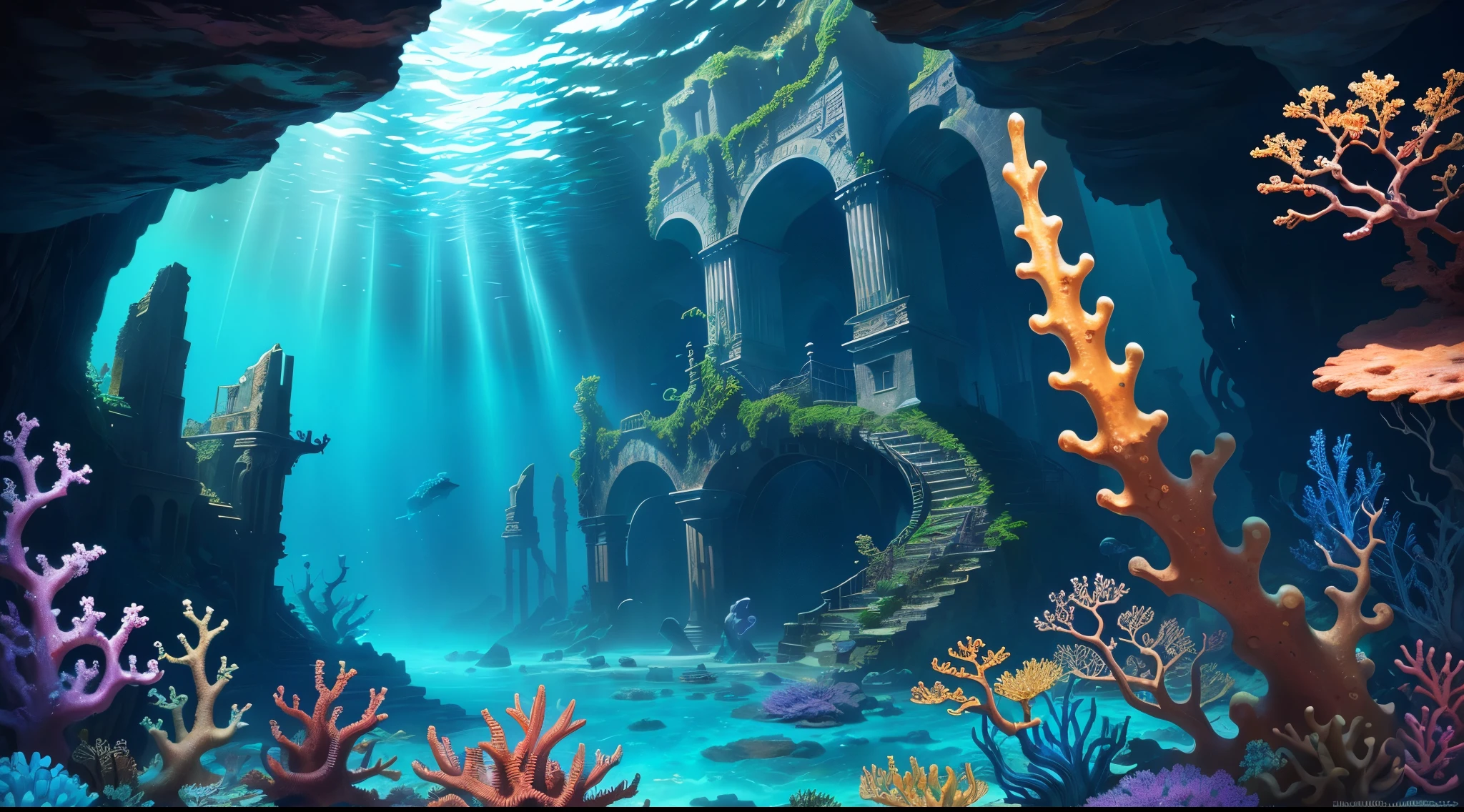 Underwater world of Atlantis, Deep Sea, Epic reality, (HDR: 1.4), dappled sunlight, cool colors, Ancient ruins, full of design flair, Deep-sea creatures, coral, fantastic and incredible, Epic composition , (complex part), (complex part, Ultra detail: 1.2), art station, (masterpiece, Best quality) --at 6