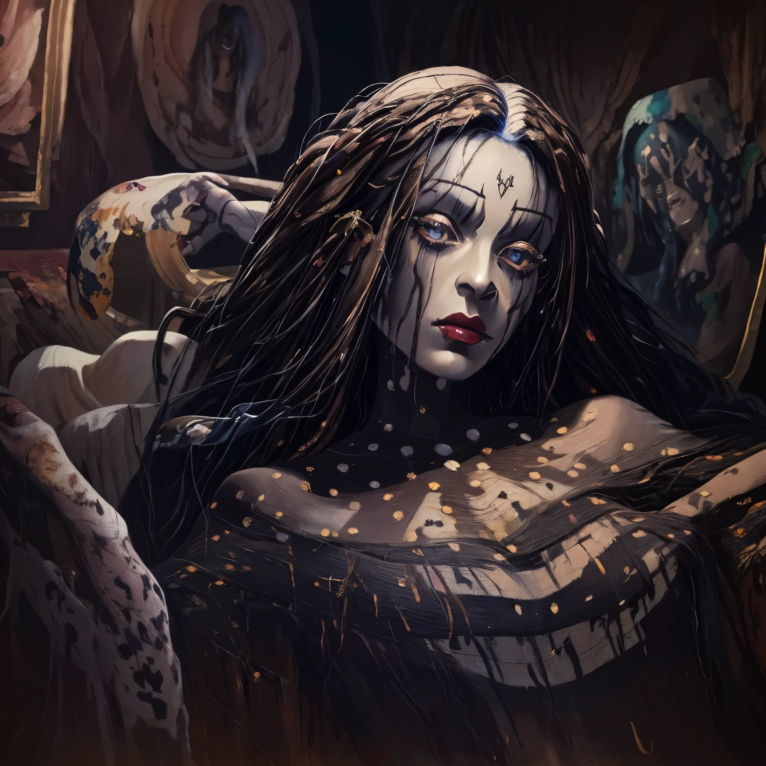 Lilith (enigmatic figure), woman with ebony hair, (realistic painting, high definition: 2.5), (anatomy: 1.0), (gothic: 1.0), long black dress reaching the floor, scantily covered shoulders with a shawl, (French surrealist art style, Inge Hansen influences), bat wings appearing at the back, red lips, pale complexion, sharp and angular facial features, intriguing and captivating expression, mysterious and alluring aura, enchanting a serene and dimly lit room, bat perched on one shoulder, illuminated by ethereal and supernatural golden moonlight.