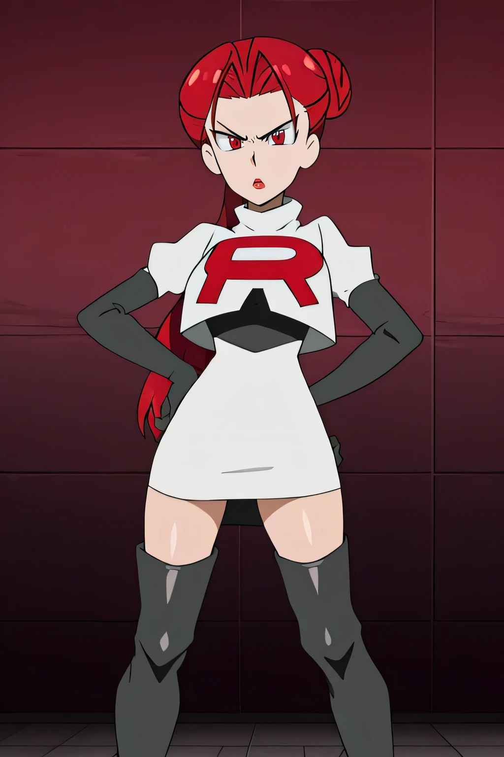 feMonica, hair bun, braid,red eyes ,glossy lips,masterpiece, best quality, highres,team rocket uniform, red letter r, white skirt, white crop top, black thigh-high boots, black elbow gloves, glaring angrily, looking at viewer, hands on hips, full body seen, zettai ryouiki