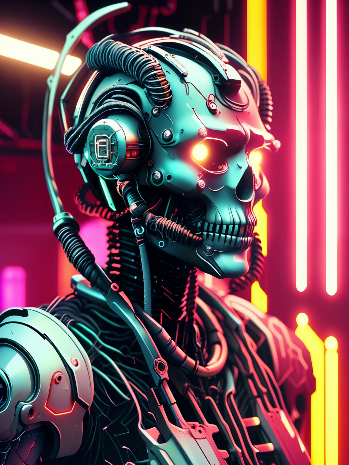 a close up of a robot with a glowing face and a glowing head, cyberpunk art ultrarealistic 8k, cybernetic and highly detailed, cyberpunk skeleton, hyper-realistic cyberpunk style, portrait of a cyber skeleton, terminator art, terminator skeleton, detailed cinematic render, aesthetic octane render, cinematic 3d render, cyberpunk style ， hyperrealistic