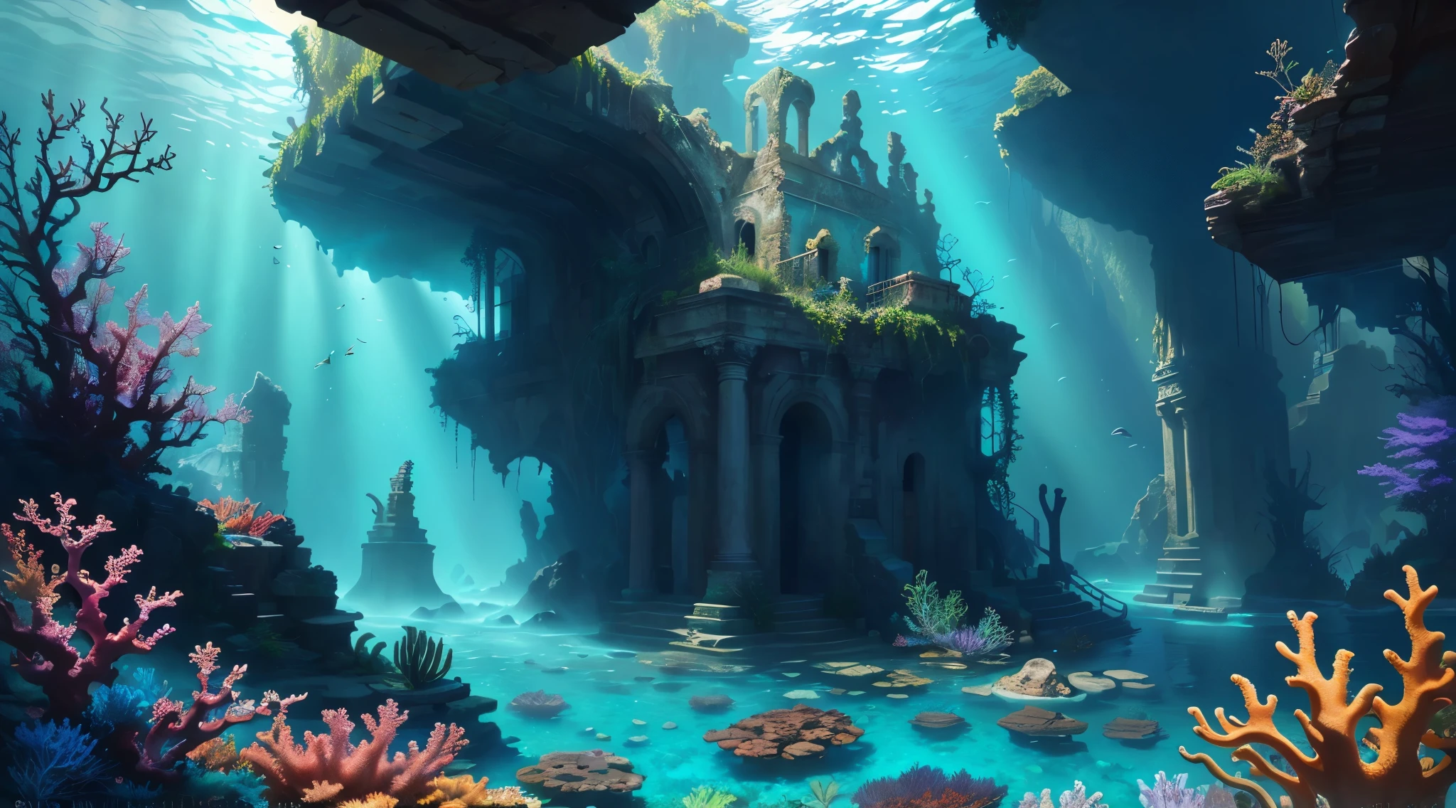 Underwater world, Deep Sea, Epic reality, (HDR: 1.4), dappled sunlight, cool colors, Ancient ruins, full of design flair, coral, fantastic and incredible, Epic composition , (the hard part), (the hard part, Ultra detail: 1.2), art station, (masterpiece, Best quality) --at 6