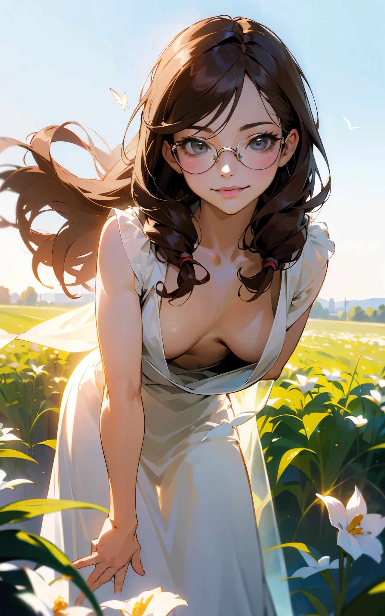(Gal Gadot:Evangeline Lilly), (looking at viewer, light smile, ), brown hair, brown eyes, long hair, hair_flying, Fluttering hair, flying_hair, ((Transparent glasses, glasses, glasses_on_nose)), ((white dress)), (downblouse), (no bra), sexy, charming, stunning, enhance, delicate, (pale skin, real_skin), sunlight, spring, field of flowers, (flowers in the hair), outdoor, best quality, high quality, highres, 8k, photo realistic.