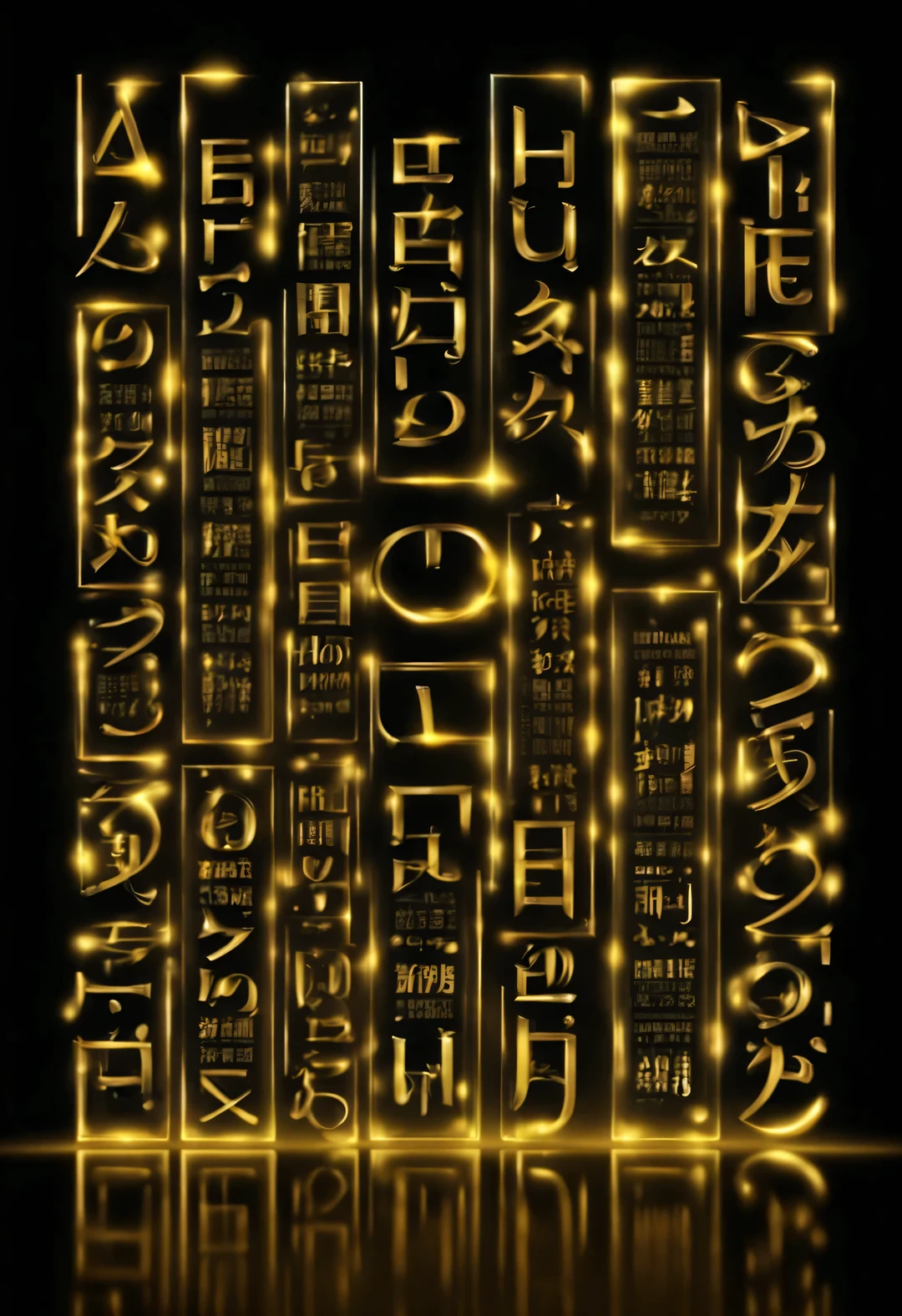 The sky is crazily filled with lots and lots of golden letters &Quote;seat&Quote;），Many vertical transparent banners with English letters &Quote;AI&Quote;），Golden transparent English letters &Quote;AI&Quote; ，Display English letters vertically &Quote;AI&Quote;，Dynamic action style，Background Black