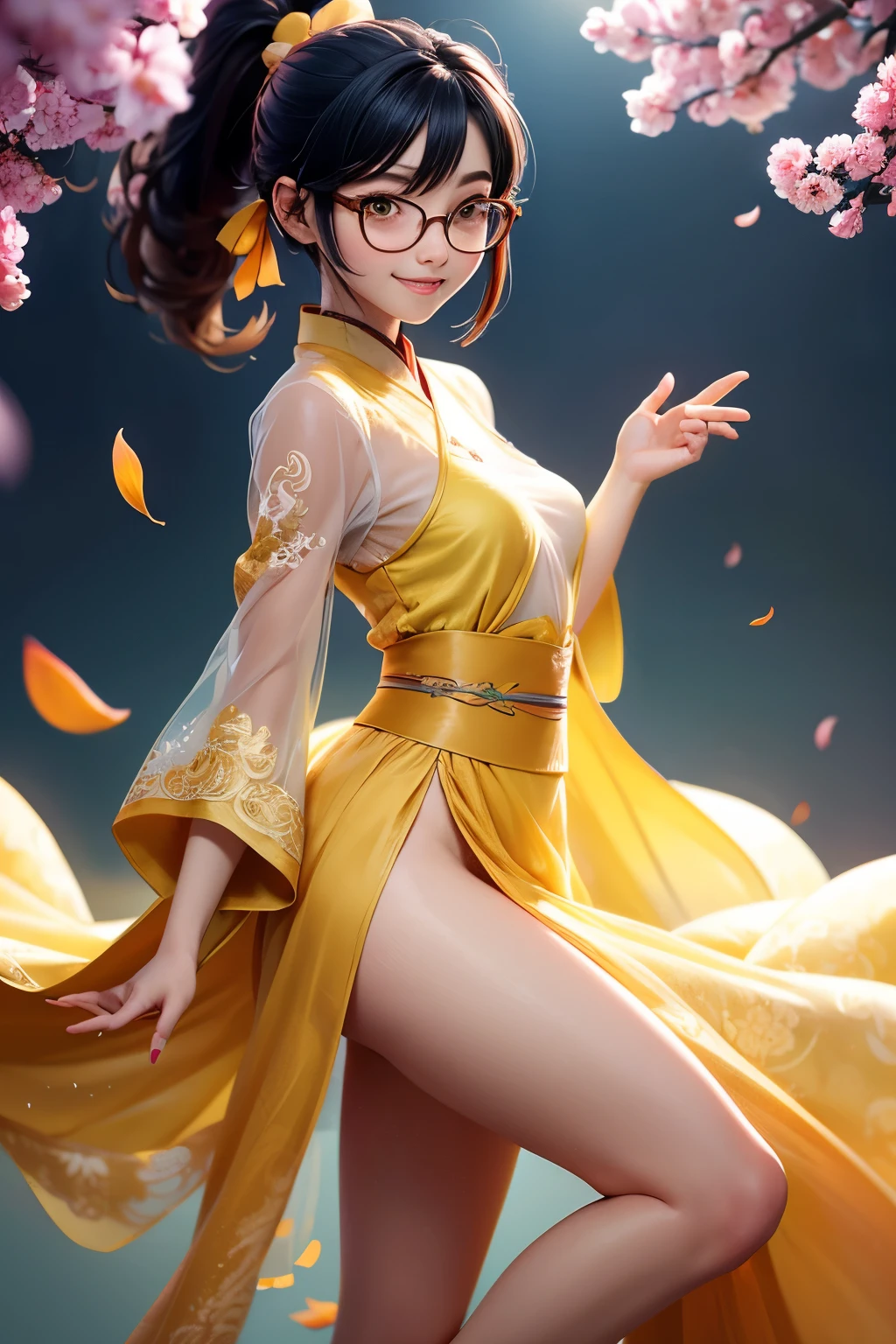 Wide shot, Beautiful girl, black hair in a ponytail, bangs, a hair accessory, wearing glasses, a bright smile, small breasts, a slim waist, (wearing a hanfu ((see-through)) with many layers of intricate details (light yellow)) , Dresses fluttering in the wind, seductive dances, the backdrop is an island with only peach trees in full bloom, many peach petals fluttering, morning light, anime, high quality