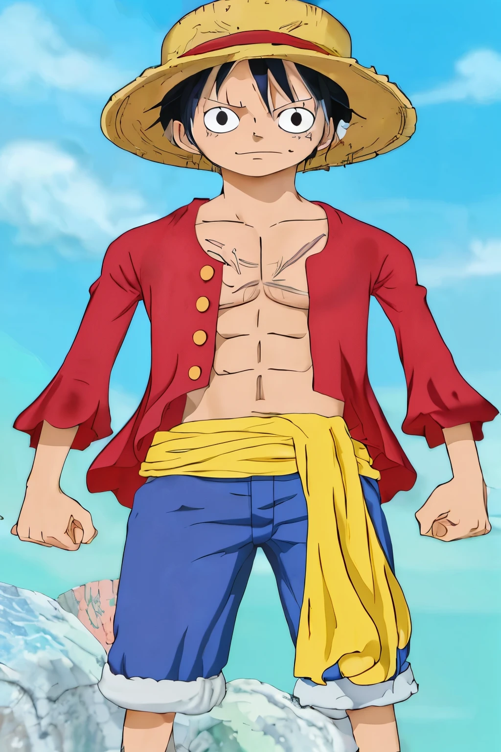 a man in a straw hat and shorts standing on a rock, luffy (one piece, luffy from one piece, luffy, monkey d luffy, monkey d. luffy, portrait of luffy from one piece, one piece style, from one piece, luffy gear 5, full body close-up shot, eiichiro oda style, luffy dressed as naruto, sanji