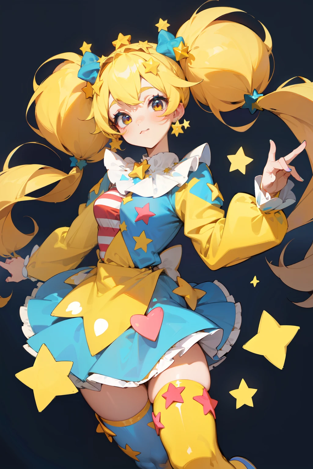1 girl, whole body, Clown costume, Circus attire, performer, multicolor, fluffy hair, MAKEUP Astronomical Clown Girl Character Design Sheet, in detail, (highest quality), (intricate details), colorful, ((long blonde hair)), ((pigtails hair)), highest quality, ((Short puffy long sleeve clown dress)), ((Blue dress with yellow stars)), ((White Rough Clown Color)), ((thigh high socks)), ((The socks are white with yellow stars)), ((round eyes)), Wears a large blue bow on his head, beautiful face, cute face, whole body, pin up, perfect face, shimmering background