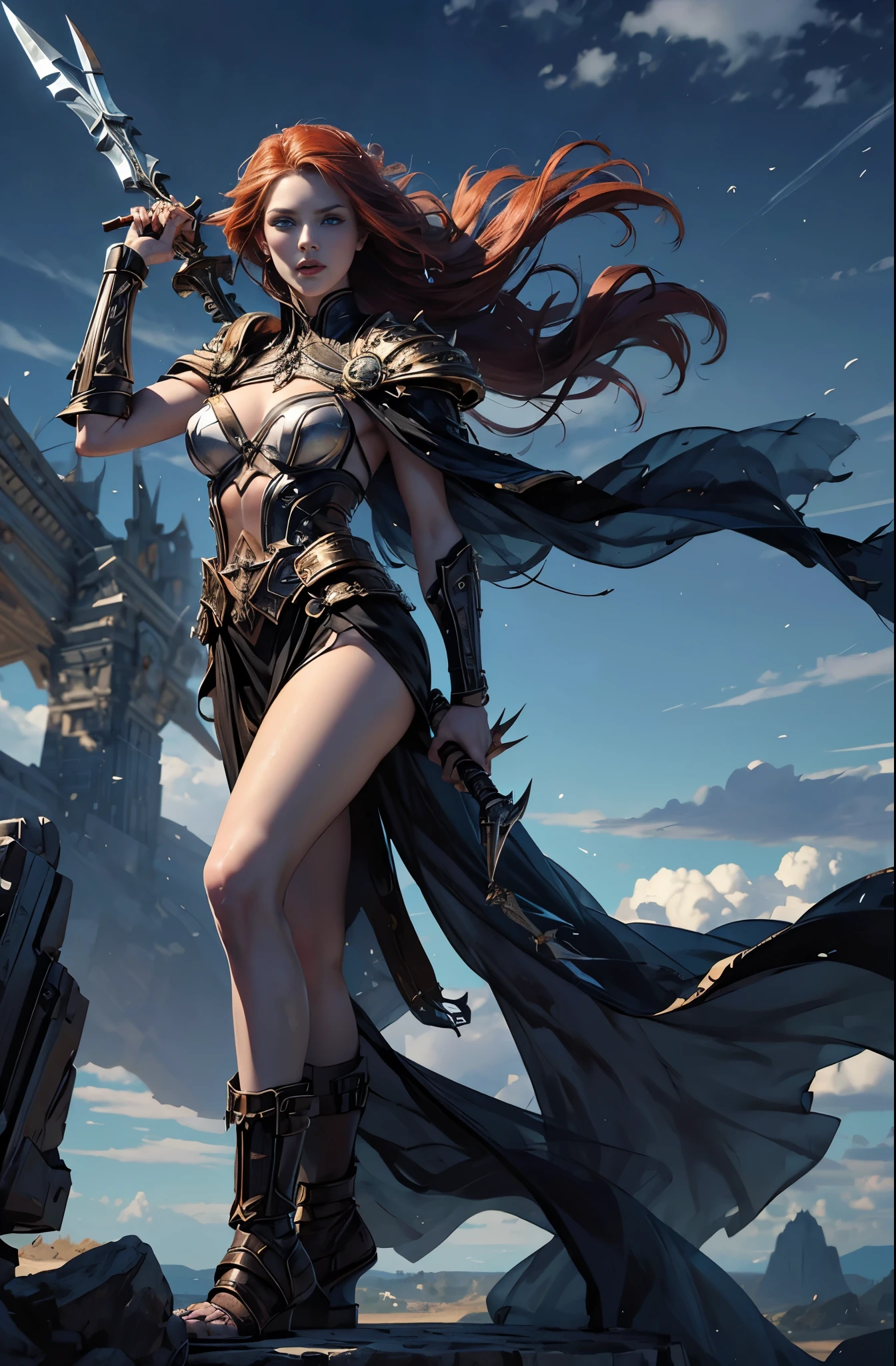 A woman in her late 20s who boasts unparalleled beauty., red hair, Another name for the red scorpion, Invincible female mercenary with a weapon, Battle Master, Swordmaster, Brave, Awe-inspiring Hall々, The wind is thunderous, lightning speed, Be brave and bold, beautiful goddess of war, extremely detailed and beautiful eyes, blue eyes without pupils, Ride of Valkyrie, Valhalla, unparalleled beauty, perfect supermodel body, delicate, whole body slender, Tall and lean, Slender, quite beautiful face, beautiful, Cloak wrapped in the wind, Battle Master, wallop style, Style Ivan Talavera and Artgerm, wallop and art germ, art germ style, inspired by Vincent Lefevre, Gwaites style artwork, artgerm and wlop, figurative art, Beautiful and expressive paintings, Beautiful artwork illustration, wonderful, cool beauty, highest quality, official art, perfect composition, perfect angle, best shot, female solo, sharp outline, nostalgia, romantic, blue eyes without pupils, color eye, mysterious, fantasy, Sense of presence, twilight battlefield, combat readiness, battle scene
