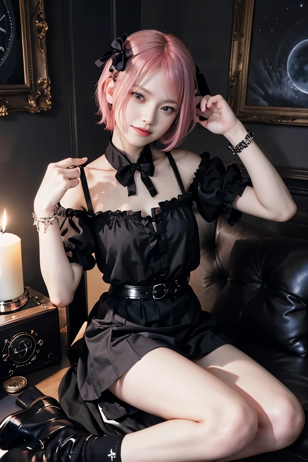 (8K, top-quality, masterpiece:1,2), (reallistic, Photorealsitic:1.37), Super Detail, One girl,), (Highly detailed), (beautifully detailed eyes), (of the highest quality), (super detailed ), (masterpiece), (Detailed face),20yr old, ,1 girl, ((pink hair,Very short hair)), medium breasts, clothed, Perfect Lighting, BREAK BREAK, (gothic theme:1.2), (white theme:1.4), (white top with bow:1.2, puff sleeves top:1.4, short sleeves), BREAK, (black skirt), (black long socks with black ribbon:1.4), (black platform shoes), aestheticism, elegance, BREAK (cool and elegant smile:1.3), (right hand crossed in front of chest:1.2), (left hand on shoulder:1.2), (ring and bracelet on right hand:1.1), (black glove on left hand:1.1), (dark interior with candle and clock:1.3), (moonlight and candle light:1.3), gothic ta, aestheticism, elegance