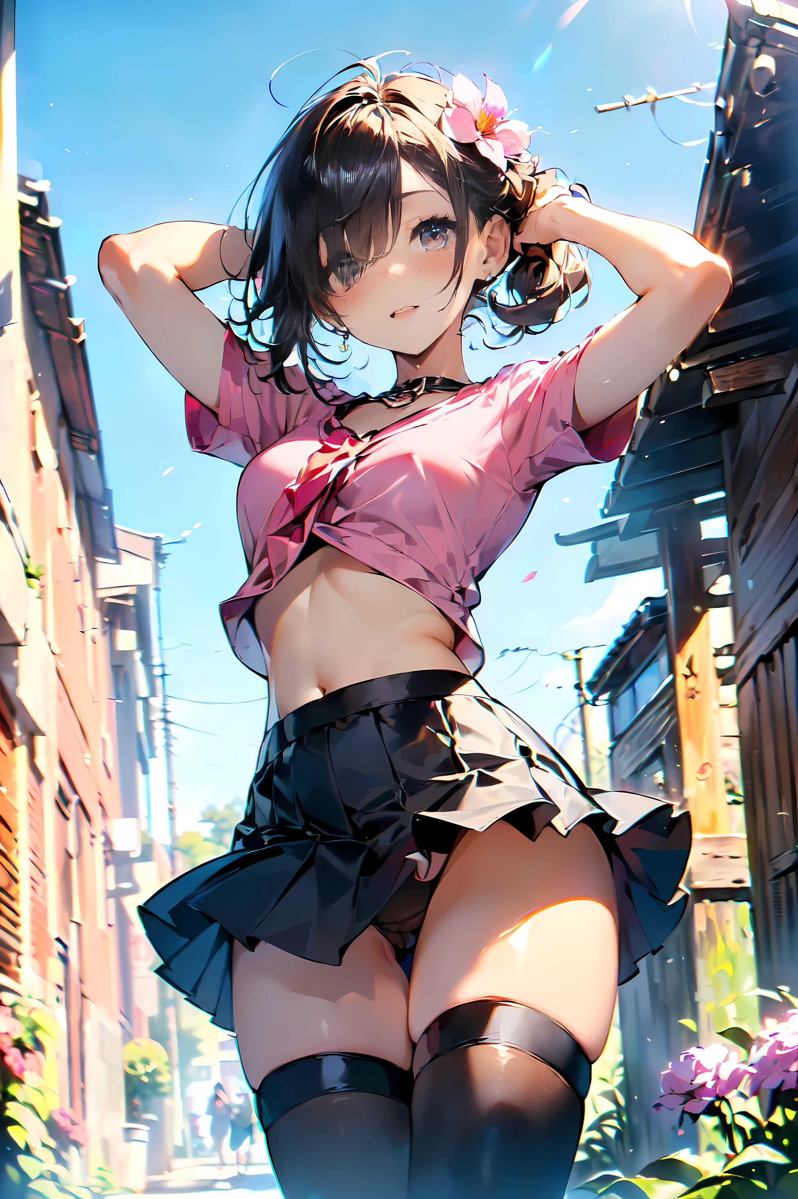 (((masterpiece, best quality, High Resolutions, hmeliza, 1girl, Hair over one eye, jewely, single thighhigh, midriff, black skirt, asymmetrical legwear, Pink shirt, black thighs, beltt, short miniskirt, Standing, Shot cowboy, outdoor, Featured, Flower ))), leg up , black panties showing, black panties