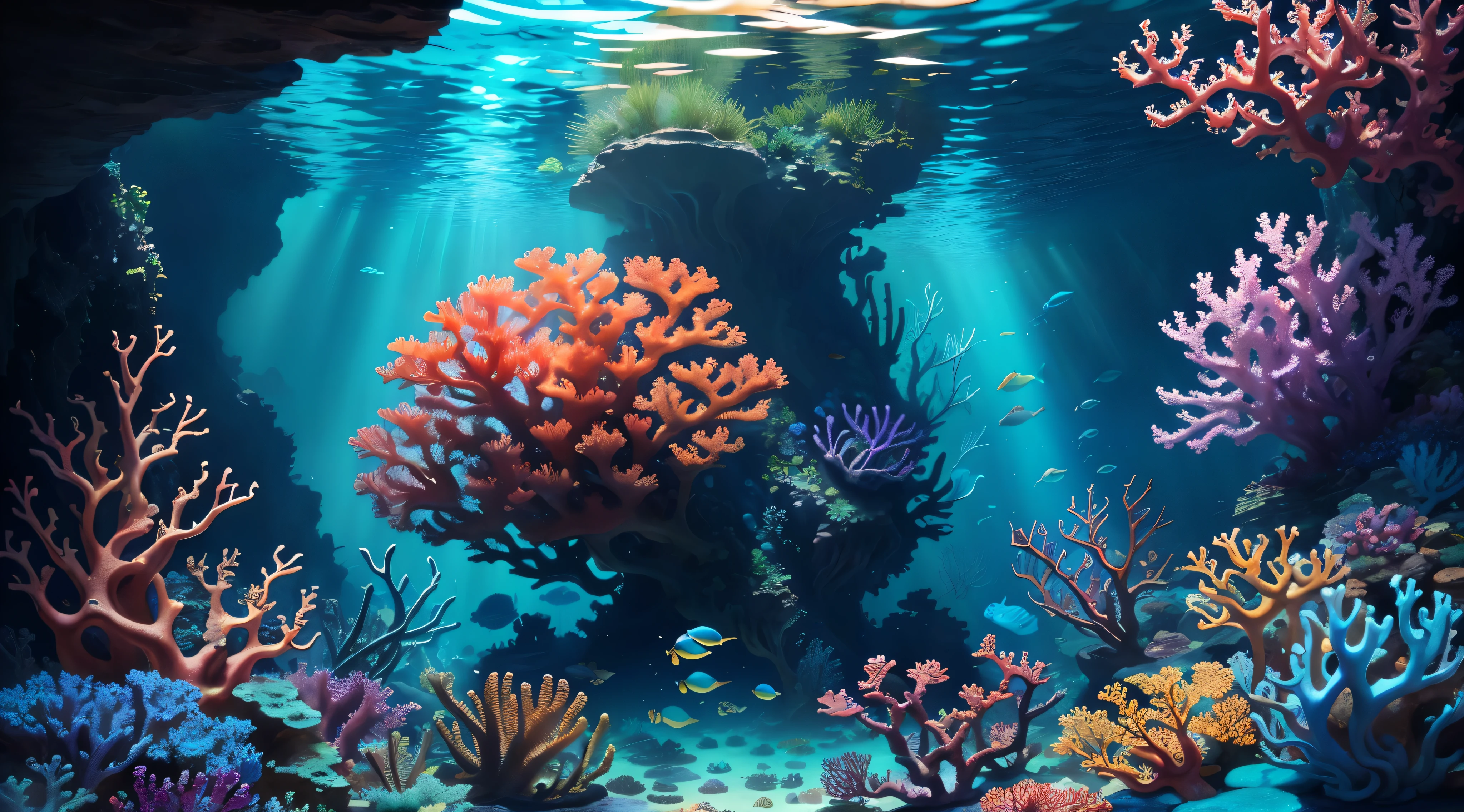 Underwater world, Deep Sea, Epic reality, (HDR: 1.4), dappled sunlight, cool colors, Ancient ruins, full of design flair, Deep-sea creatures, coral, fantastic and incredible, Epic composition , (the hard part), (the hard part, Ultra detail: 1.2), art station, (masterpiece, Best quality) --at 6