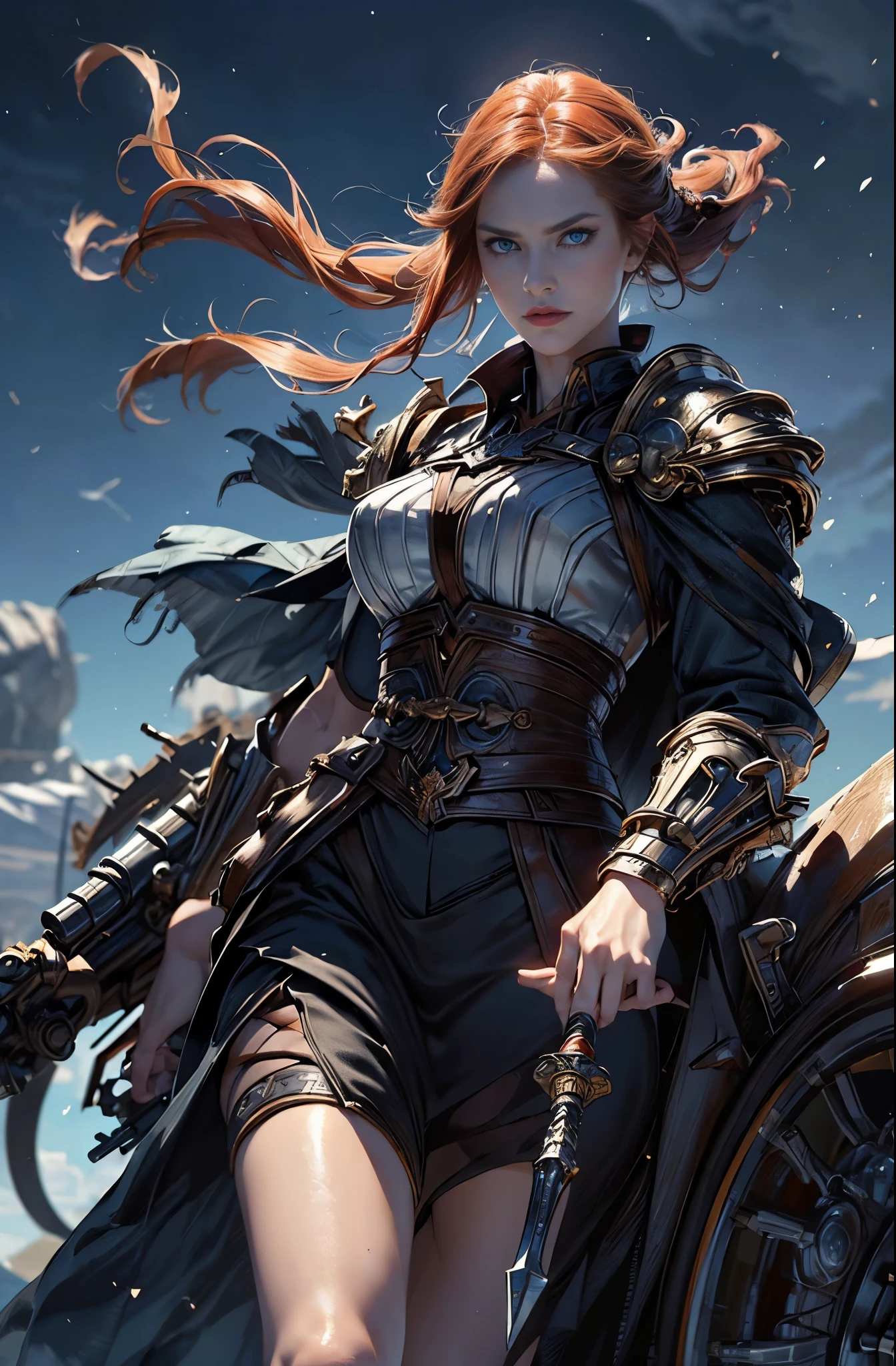 A woman in her late 20s who boasts unparalleled beauty., red hair, Another name for the red scorpion, Invincible female mercenary with a sword, Battle Master, Swordmaster, Brave, Awe-inspiring Hall々, The wind is thunderous, lightning speed, Be brave and bold, beautiful goddess of war, extremely detailed and beautiful eyes, blue eyes without pupils, Ride of Valkyrie, Valhalla, unparalleled beauty, perfect supermodel body, delicate, whole body slender, Tall and lean, Slender, quite beautiful face, beautiful, Cloak wrapped in the wind, Battle Master, wallop style, Style Ivan Talavera and Artgerm, wallop and art germ, art germ style, inspired by Vincent Lefevre, Gwaites style artwork, artgerm and wlop, figurative art, Beautiful and expressive paintings, Beautiful artwork illustration, wonderful, cool beauty, highest quality, official art, perfect composition, perfect angle, best shot, female solo, sharp outline, nostalgia, romantic, blue eyes without pupils, color eye, mysterious, fantasy, Sense of presence, twilight battlefield, combat readiness, battle scene