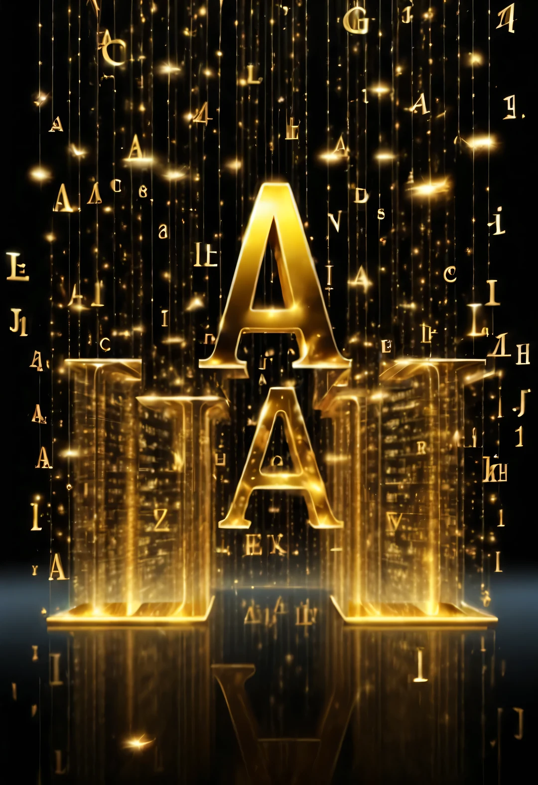 The sky is crazily filled with many golden letters &Quote;AI&Quote;:1.3; ),Many vertical transparent banners with English letters"AI",Golden transparent English letters"AI; ,Display English letters vertically "AI",Dynamic action style,Background Black