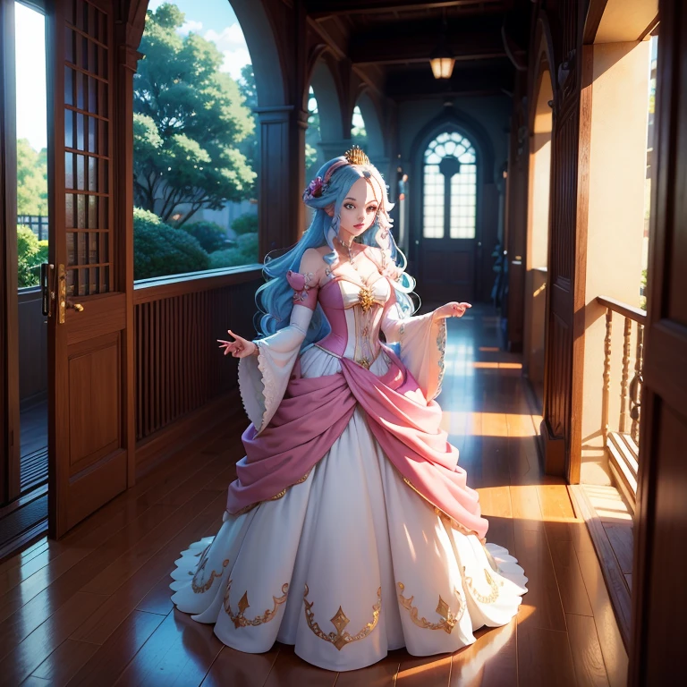 Princesa fada, usando um vestido longo florido, corpo bem definido (seios grandes), asas semitransparentes e coloridas, muito linda, sedutora e encantadora, numa biblioteca cercada por livros de magia, imagem: realista, melhor qualidade, 3d, MAPPA studios style, imagem estilo anime, com sombras perfeitas, ambiente sombrio, perfect lighting for the location, raio japonizador