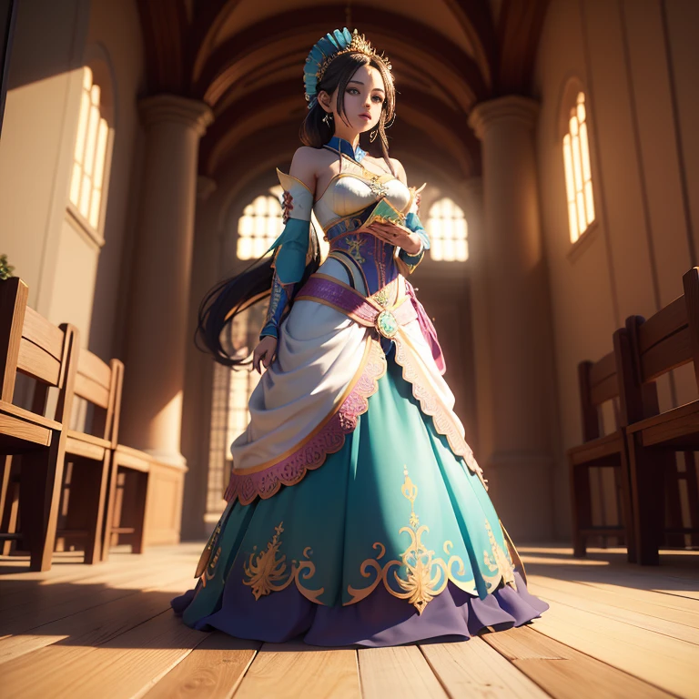 Princesa fada, usando um vestido longo florido, corpo bem definido (seios grandes), asas semitransparentes e coloridas, muito linda, sedutora e encantadora, numa biblioteca cercada por livros de magia, imagem: realista, melhor qualidade, 3d, MAPPA studios style, imagem estilo anime, com sombras perfeitas, ambiente sombrio, perfect lighting for the location, raio japonizador