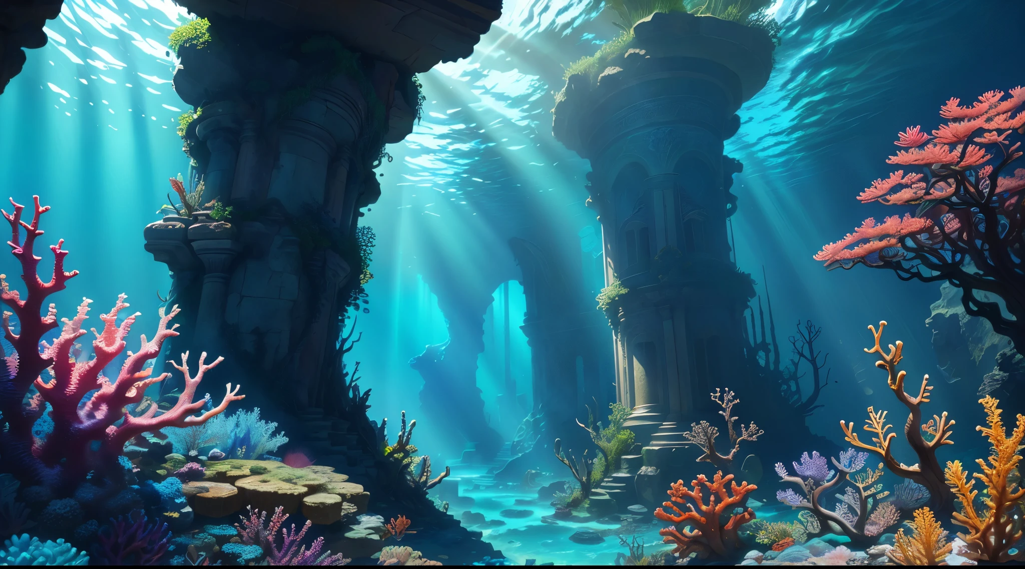 Underwater world of Atlantis, Deep Sea, Epic reality, (HDR: 1.4), dappled sunlight, cool colors, Ancient ruins, full of design flair, Deep-sea creatures, coral, fantastic and incredible, Epic composition , (complex part), (complex part, Ultra detail: 1.2), art station, (masterpiece, Best quality) --at 6
