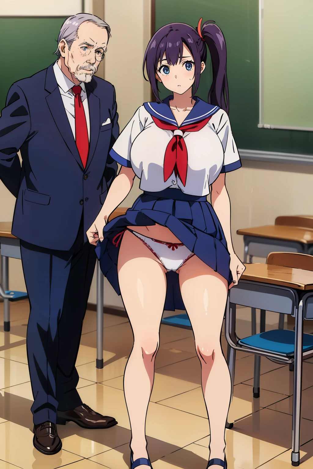 ((1girl, 1old man)), ((skirt lift:1.4)), ((old man grabs woman's clothes)), Anime cel drawing style, Best Quality, High resolution, gigantic breasts:1.8, bra, Highleg Panties Thong, White sailor suit, Short sleeves, red neckerchief, Blue skirt, blue eyess, Purple hair, Bangs, Side Ponytail, Hair Ornament, embarrassed, fear, looking at viewer, Full body, cowboy shot:1.6, classroom