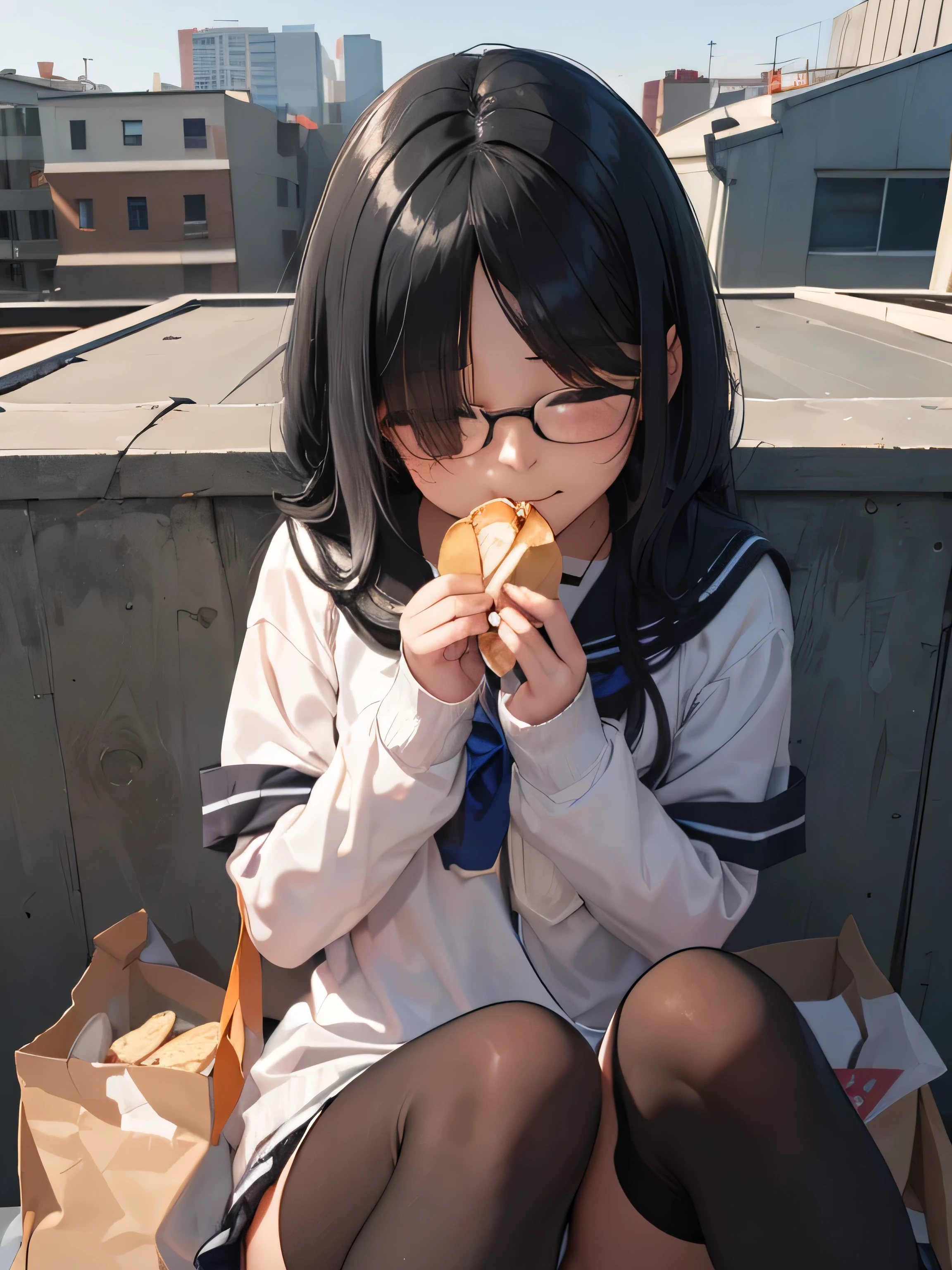 (((1 girl)))noon、((school rooftop))、high school girl、sailor suit、black tights、sitting、((eat a small piece of bread))、sober、low length、((((long bangs hide the eyes:1.5))))、((freckles))、(((long black hair:1.4)))　((hair band))(((black rim glasses:1.2　black eye)))、Spring sunshine、Directional light、bevel、looking here、、Upper body、