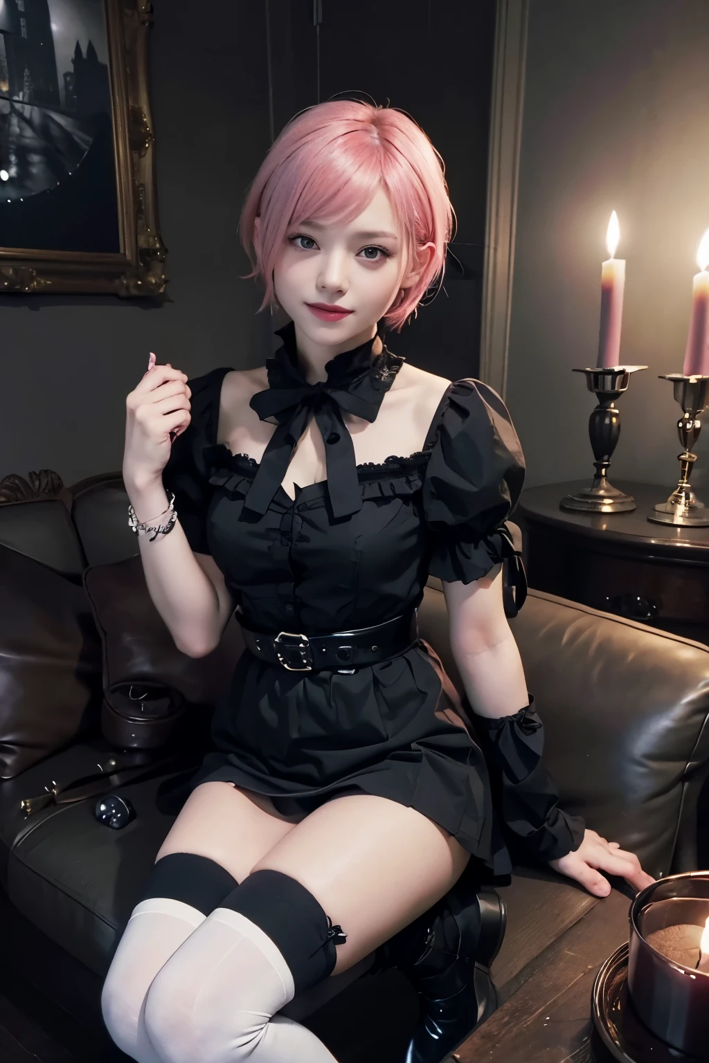 (8K, top-quality, masterpiece:1,2), (reallistic, Photorealsitic:1.37), Super Detail, One girl,), (Highly detailed), (beautifully detailed eyes), (of the highest quality), (super detailed ), (masterpiece), (Detailed face),20yr old, ,1 girl, ((pink hair)), medium breasts, clothed, Perfect Lighting, pussy and breast focus, looking at viewer, (black lace cardigan:1.3), (white frill blouse:1.3), (red velvet corset:1.4), (black and red checkered miniskirt:1.4), (fluffy A-line silhouette:1.2), (white lace trim on skirt hem:1.2), (ribbon and button accents on corset:1.2), (black knee-high socks:1.3), (black loafers with red ribbon:1.3), (red ribbon headband:1.2), (black lace gloves:1.2), (white pearl necklace:1.2), long curly hair, bangs, side hair behind ears, headband on top, big eyes, long eyelashes, small open mouth, tongue out, red cheeks, cute expression, both hands in front of chest, playing with necklace, shoulders up, chest emphasized, dark curtains and lace, gothic atmosphere, candles and clock, antique items, soft light on subject, deep shadows, high contrast, warm colors, retro impression