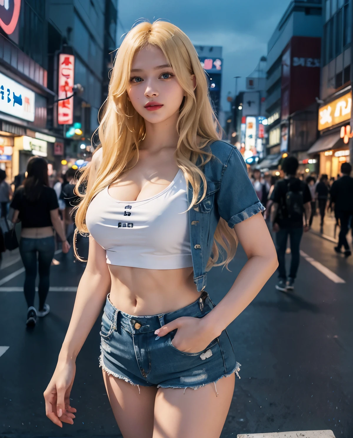 1girl, Blue eyes, (smile), (mini denim shorts :1.2), (Sana Minatozaki), wide , Big , (big  :1.1), (Best Quality, 8k, Masterpiece: 1.3), perfect hands, Clear Focus: 1.2, Perfect Body Beauty: 1.4, strong abs :1.2, Highly detailed face and skin texture, detailed eyes, double eyelids, red lips, (blonde long hair :1.2), (white cleavage t-shirt), standing, in the akihabara tokyo neighborhood at night, illuminated by colorful signs

