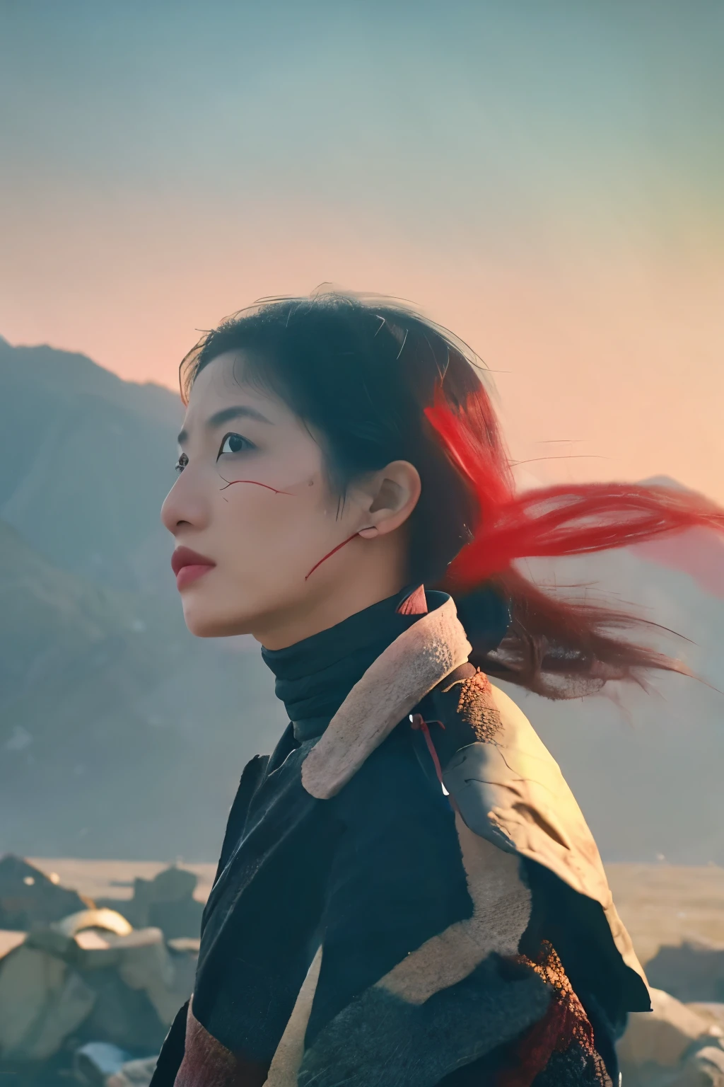 (male: 1.1), black eye, profile, oriental beauty, (masterpiece), highest quality, MERGE, colorful, Bright colors, figure, art style, fantasy, realistic, animation, (photograph_(Moderate):1.0 ), Written by Antonio J.. Manzanedo, Written by Jeremy Lipking, lightning, In a surreal landscape, Smooth, sharp focus、bondage