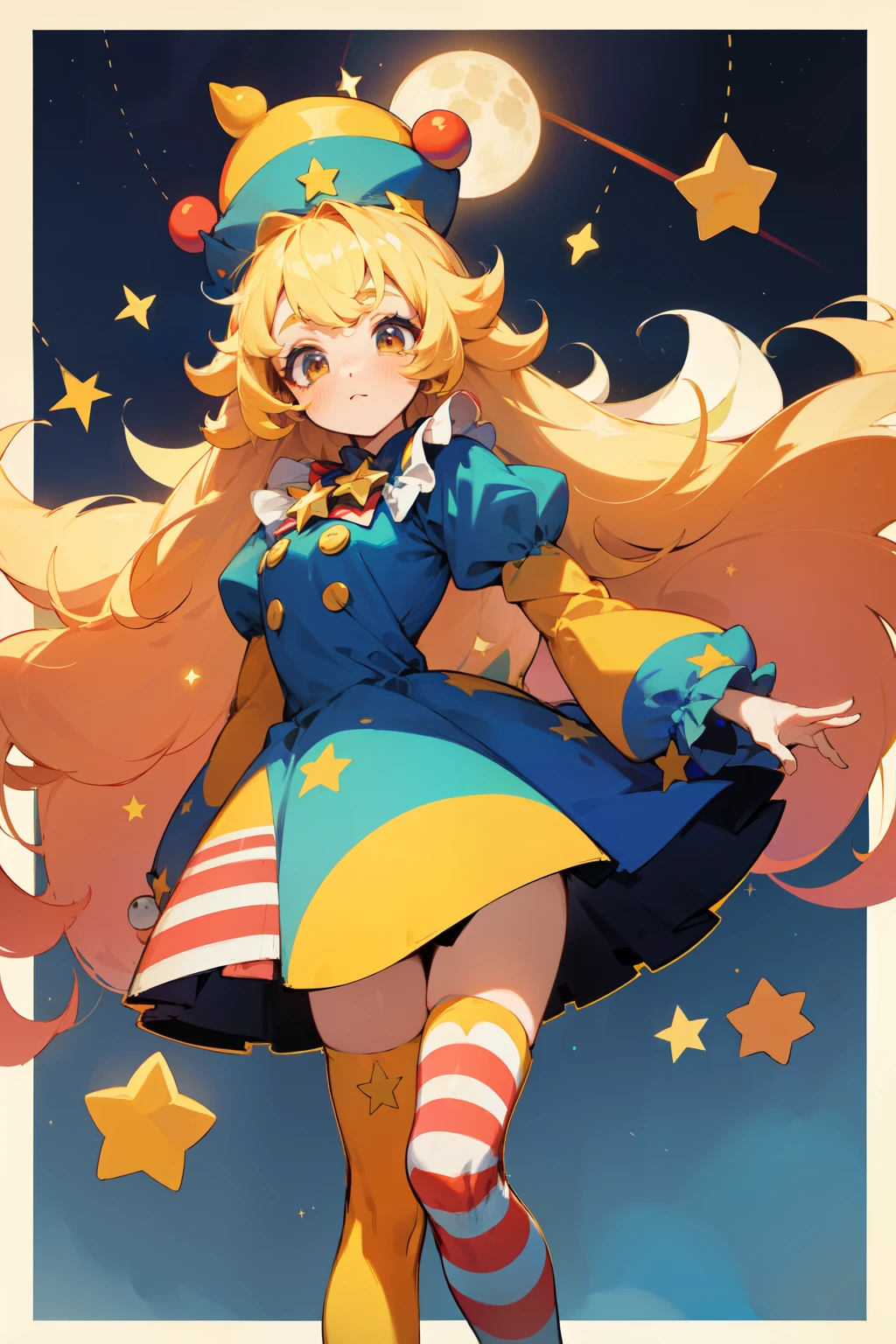 1 girl, Clown costume, Circus attire, performer, multicolor, fluffy hair, MAKEUP Astronomical Clown Girl Character Design Sheet, in detail, (highest quality), (intricate details), colorful, ((long blonde moon shaped hair)), highest quality, ((Short puffy long sleeve clown dress)), ((navy blue dress with yellow stars)), ((White Rough Clown Color)), ((Thigh high socks - socks are white with yellow stars)), ((round eyes)), He wears a large navy blue bow on his head., beautiful face, cute face, pin up, sleepy look, tired face, perfect face, shimmering background