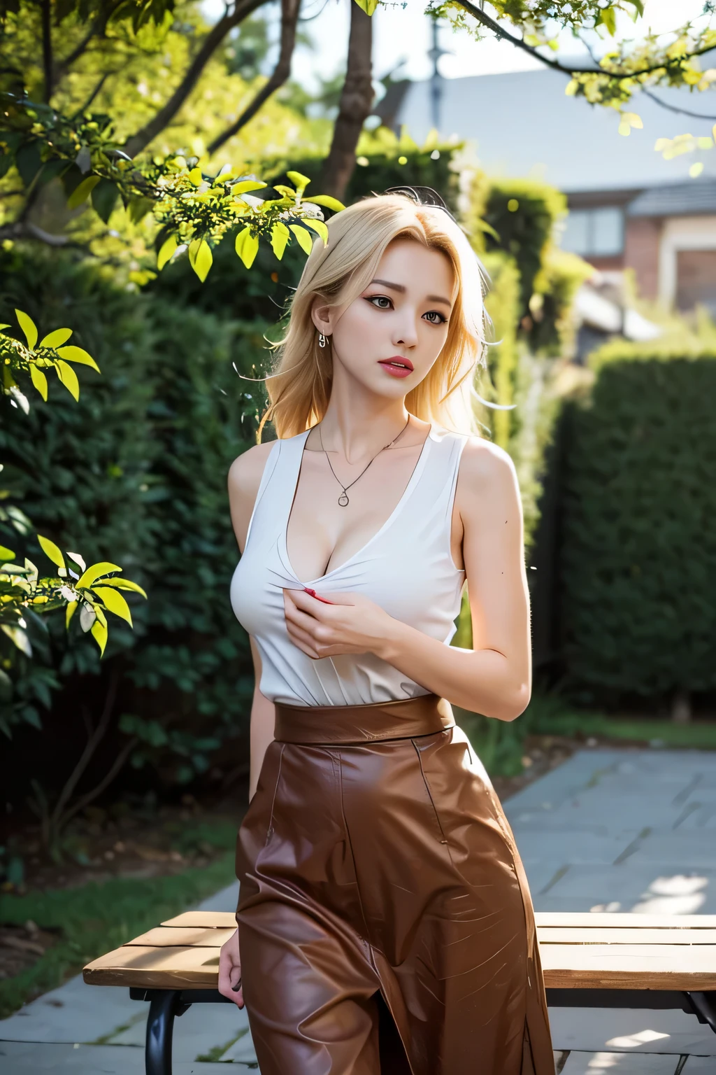 excellent anatomy, table top, highest quality, 4K, 8K, professional photography, soft light, sharp focus, popular garden, 1 girl, evening,Hands-on Shopping Bag,A breeze blows through,Fallen leaves,blonde hair, shirt, long skirt,flipflops,blonde hair, Bank spin-offs, detailed face+brown eyes, is playing happily,a little drunk,face turns red,Tsundere, beauty mole,lipstick, necklace, big breasts,think back