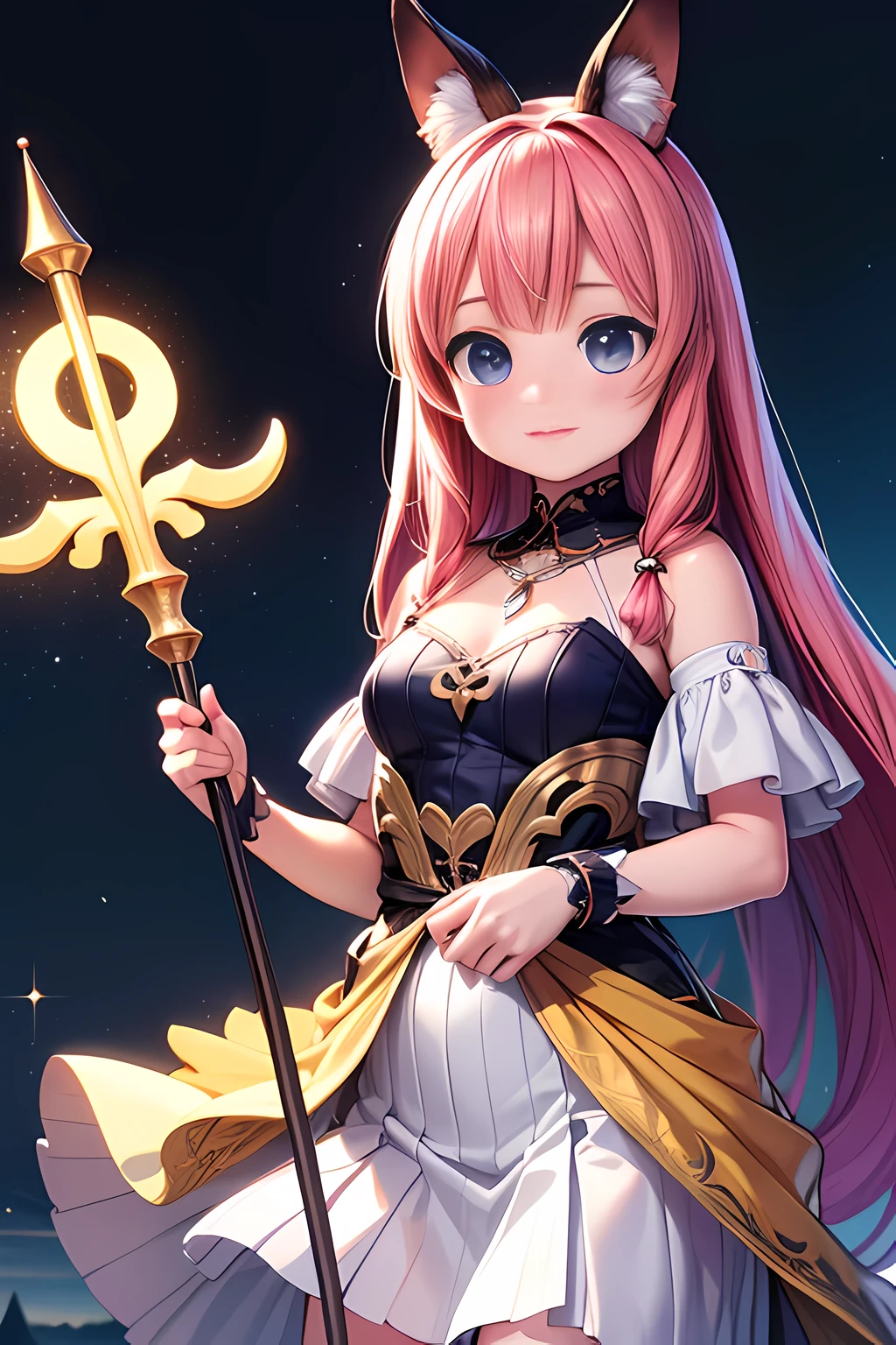 (highest quality,4K,8K,High resolution,masterpiece:1.2),super detailed,(realistic,photorealistic,photo-realistic:1.37),Magical girl,beautiful and fine eyes,flowing long hair,colorful costumes,shine,fascinating staff,fly in the sky,Surrounded by magical creatures,quirky background,Bright colors,dreamy lighting
