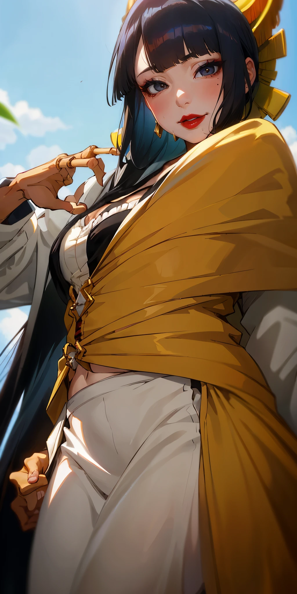 senjumaru shutara, (long hair, bangs, blunt bangs, black hair, sidelocks:1.5), (black eyes:1.5), makeup, lipstick, red lipstick, atomically correct, best quality, masterpiece, high quality, high details, highres, HD, hollow eyes, grey eyes, looking at viewer, sweating, heavy breathing, smirk, upper teeth, black hair, long hair, large breasts, 1girl, breasts, long_hair, from_below, covered_navel, large_breasts, smile, half-closed_eyes, looking_at_viewer, black_dress, dress, blush, solo, grin, looking_down, very_long_hair, sky
