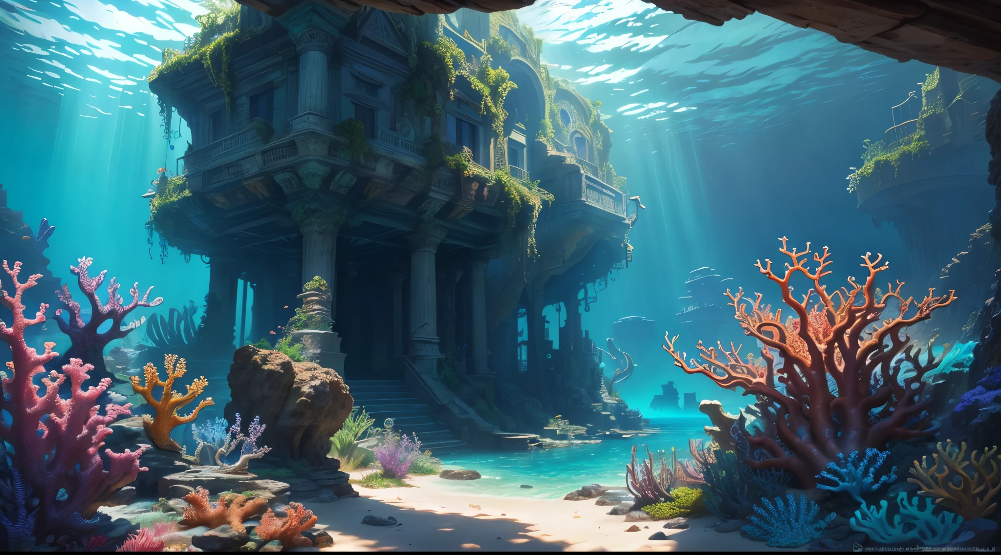 Underwater world of Atlantis, Deep Sea, Epic reality, (HDR: 1.4), dappled sunlight, cool colors, Ancient ruins, Ocean style houses, full of design flair, Deep-sea creatures, coral, fantastic and incredible, Epic composition , (complex part), (complex part, Ultra detail: 1.2), art station, (masterpiece, Best quality) --at 6