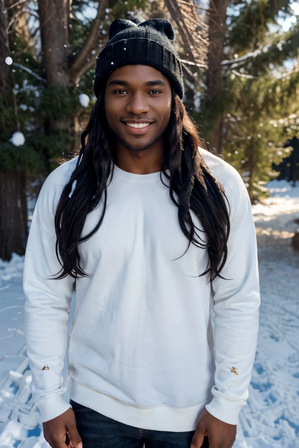 ((perfect photograph)), ((realistic)), ((8k)), (perfect face), gorgeous black man with long dark wavy hair, huge , wearing a straight long white long sweat shirt and dark jeans and a black beanie, standing towards the camera, snowing, torso facing camera, outdoors, lots of light, smiling, large dark oak trees, lots of snow, bright blue eyes