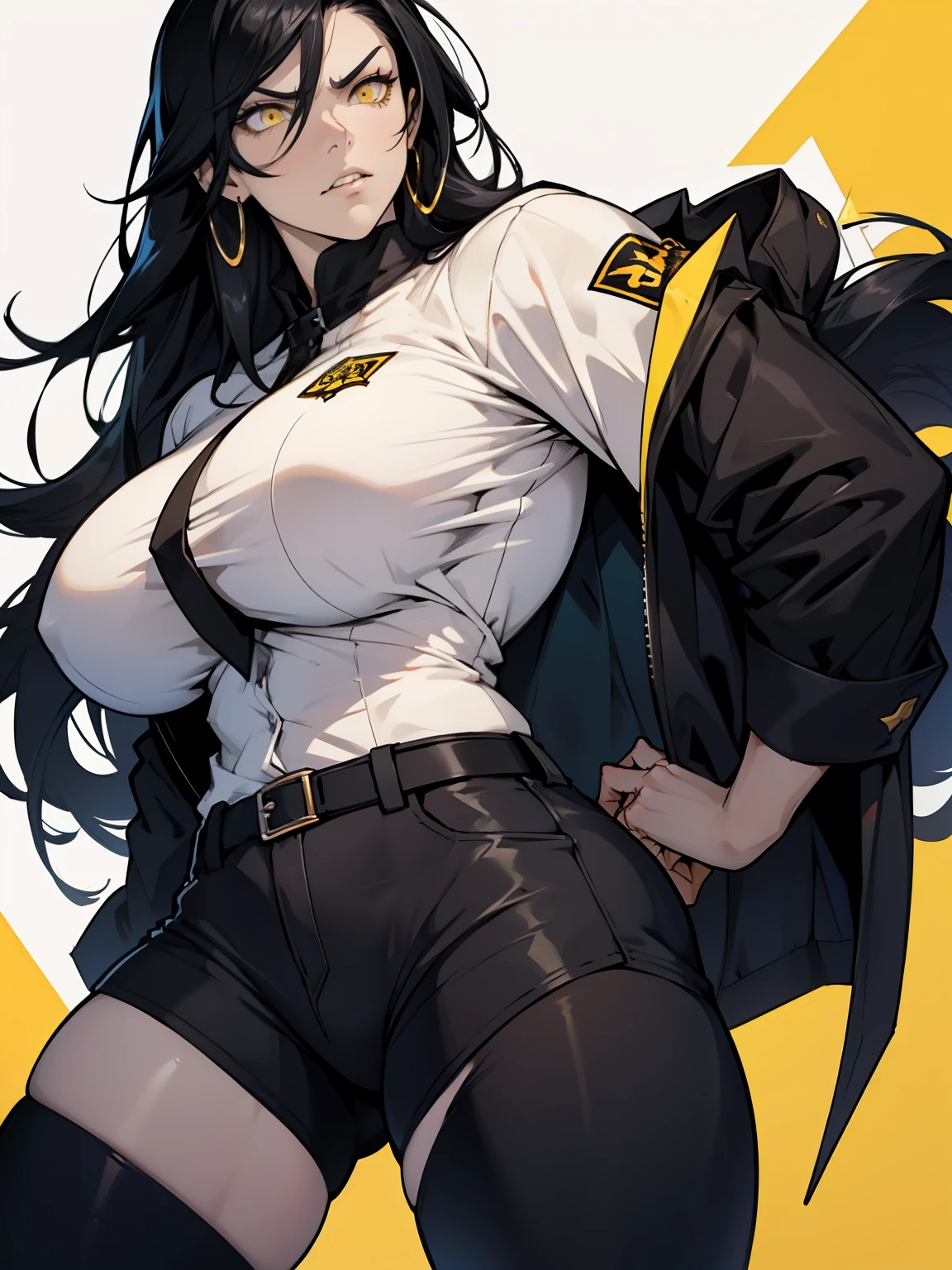 (1 girl), black hair, Hair is particularly long, yellow eyes, ((muscular)), huge breasts, Thick thighs, alone, angry, (pale skin), cowboy shooting, (Uniforms)