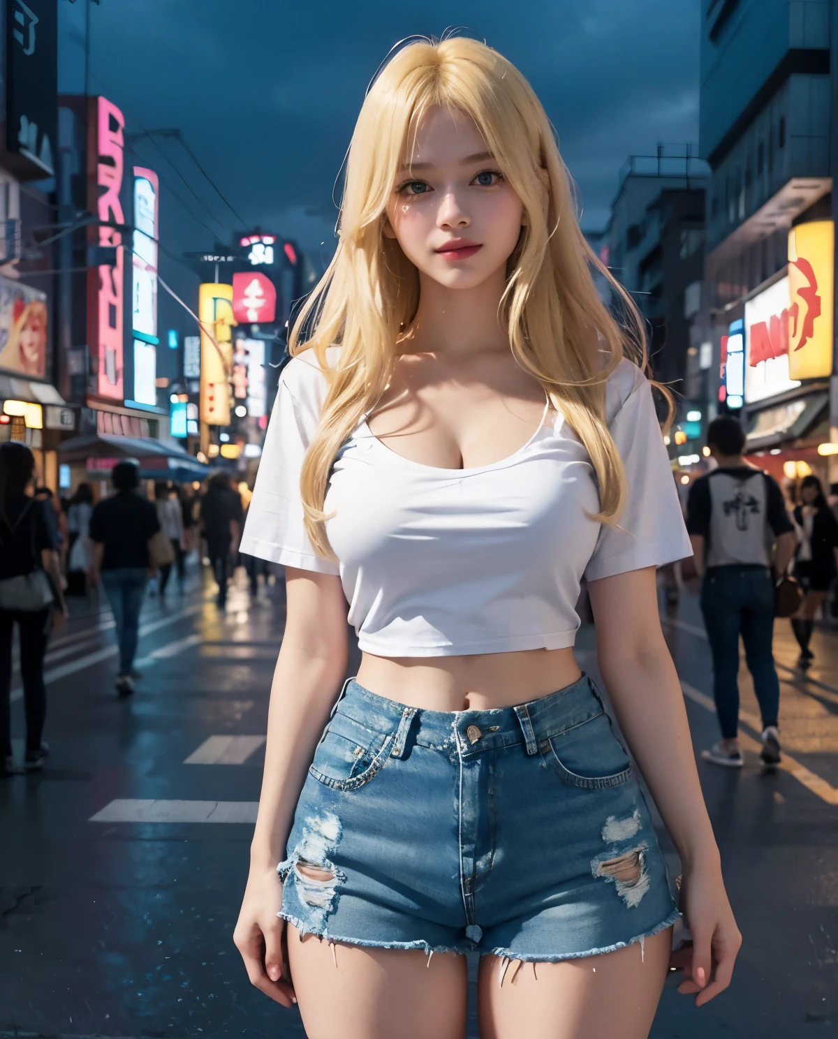 1girl, Blue eyes, (smile), (mini denim shorts :1.2), (Sana Minatozaki), wide hips, Big , (big ass :1.1), (Best Quality, 8k, Masterpiece: 1.3), perfect hands, Clear Focus: 1.2, Perfect Body Beauty: 1.4, strong abs :1.2, Highly detailed face and skin texture, detailed eyes, double eyelids, red lips, (blonde long hair :1.2), (white cleavage t-shirt), standing, in the akihabara tokyo neighborhood at night, illuminated by colorful signs