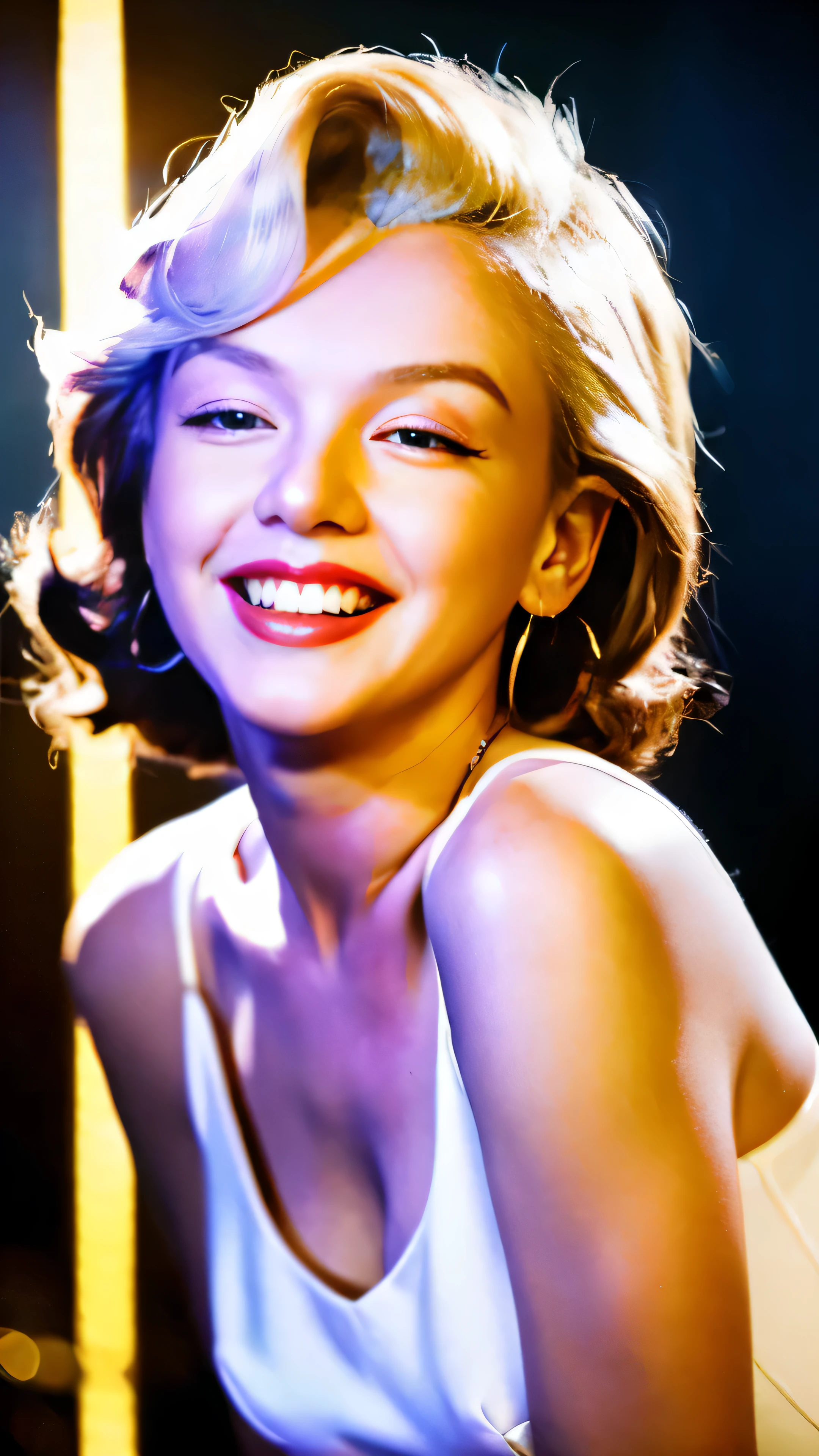 (High-definition images、highest quality、)by 1girl、21 years old、smile、pink lips、light blue eyes、white dress、marilyn monroe blonde hair、closed mouth、Pedras preciosas、jewelry、look at viewer、hirt、Blue Cape、long blonde hair、solo、cowboy shot、High-resolution image of the whole body in a bright city，high contrast、((perfect image of marilyn monroe,))High-definition images
