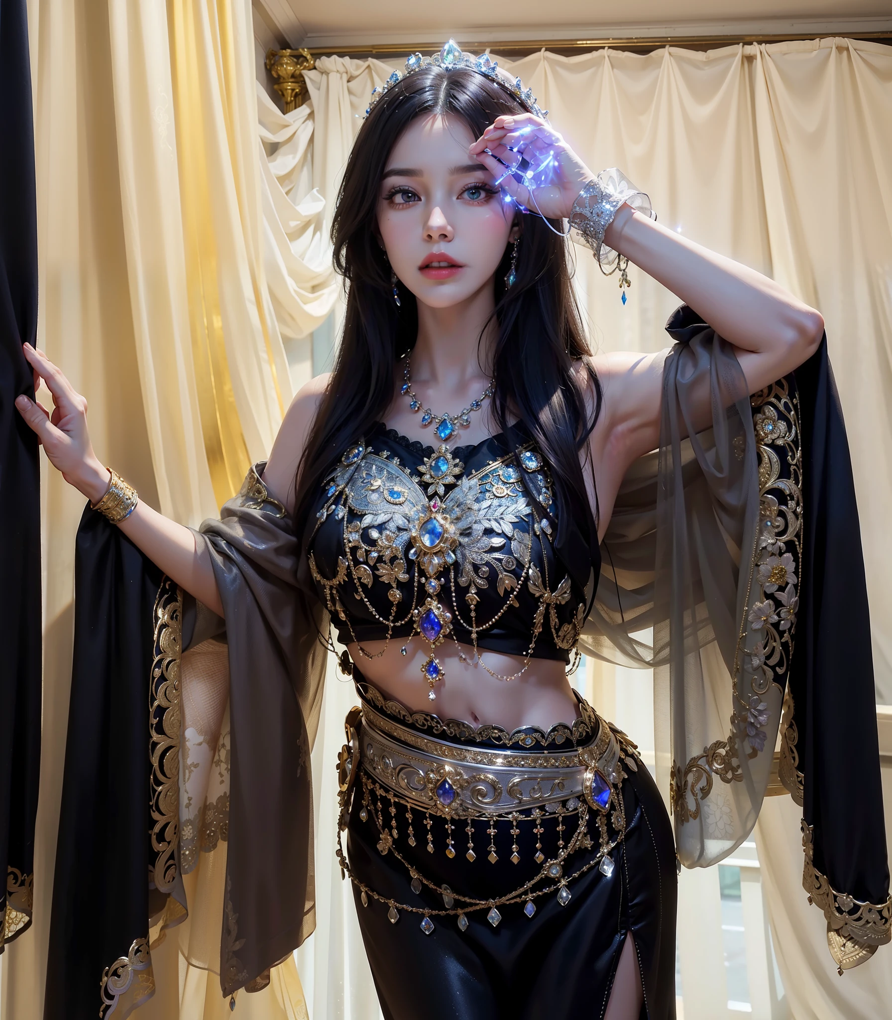 Royal sister,exquisite eyes,Detailed text,tall figure,Leg length,4K,HD,White translucent lace,Fair and plump figure,pretty face,Little cherry mouth,beautiful and delicious(3D royal sister),Gorgeous dress encrusted with gemstones crystal gold diamonds,Wear shiny reflective gelcoat,