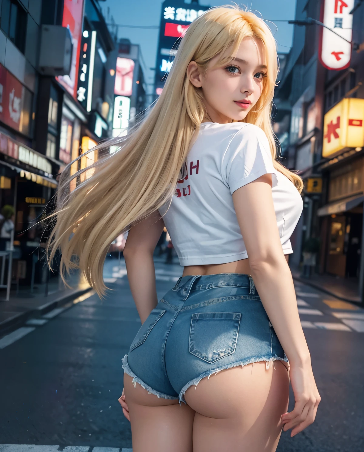 1girl, Blue eyes, (smile), (mini denim shorts :1.2), (Sana Minatozaki), wide hips, Big , (big ass :1.1), (Best Quality, 8k, Masterpiece: 1.3), perfect hands, Clear Focus: 1.2, Perfect Body Beauty: 1.4, strong abs :1.2, Highly detailed face and skin texture, detailed eyes, double eyelids, red lips, (blonde long hair :1.2), (white cleavage t-shirt), walking, view from behind, in the akihabara tokyo neighborhood at night, illuminated by colorful signs
