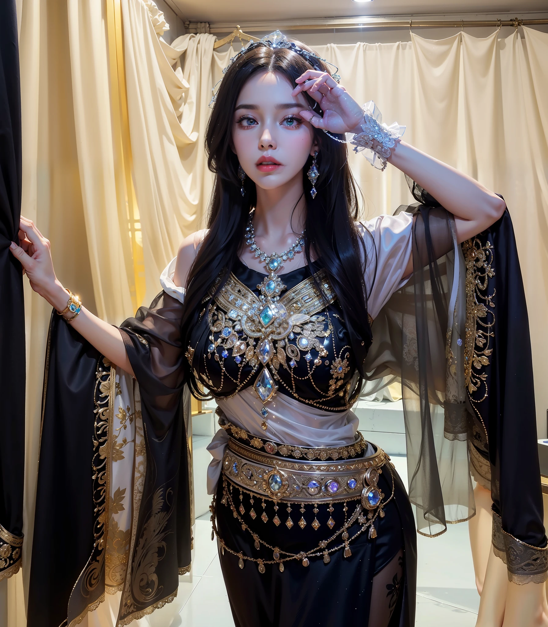 Royal sister,exquisite eyes,Detailed text,tall figure,Leg length,4K,HD,White translucent lace,Fair and plump figure,pretty face,Little cherry mouth,beautiful and delicious(3D royal sister),Gorgeous dress encrusted with gemstones crystal gold diamonds,Wear shiny reflective gelcoat,