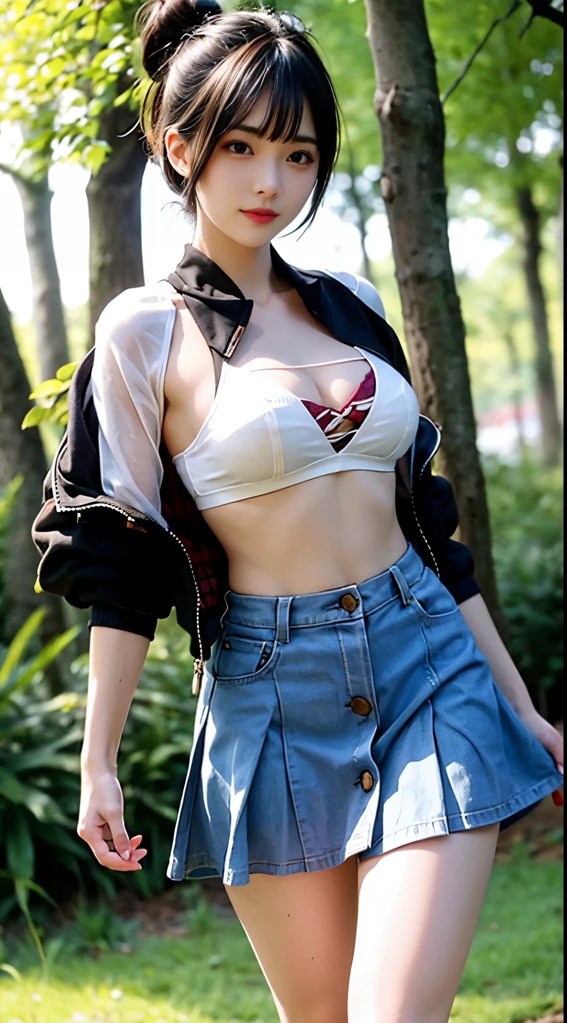 Close up A woman wearing bra and jacket with mini skirt walking on the forest