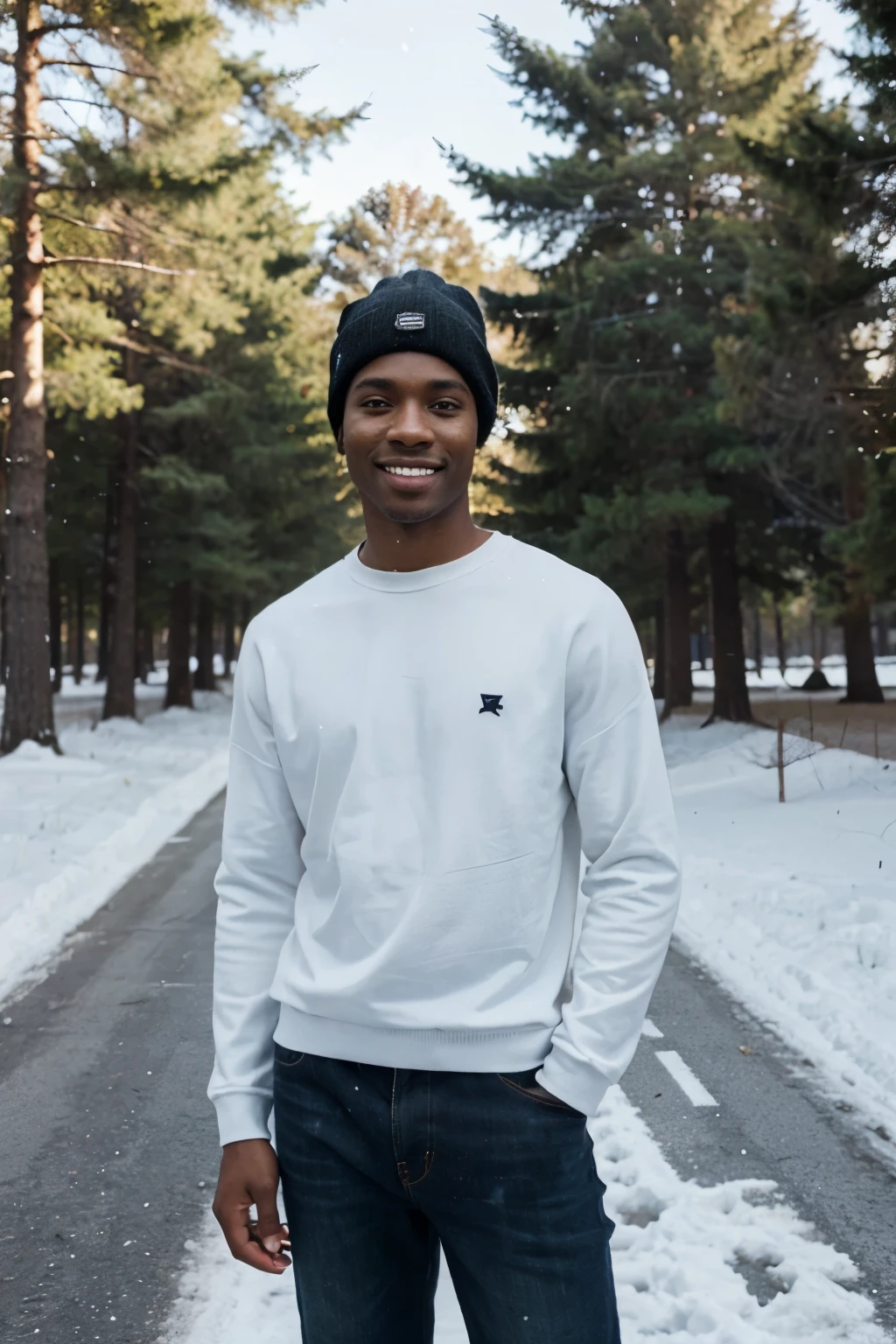 ((perfect photograph)), ((realistic)), ((8k)), (perfect face), gorgeous black man with dark afro hair, wearing a straight long white long sweat shirt and dark jeans and a black beanie, standing towards the camera, snowing, torso facing camera, outdoors, lots of light, smiling, large dark oak trees, lots of snow, bright blue eyes
