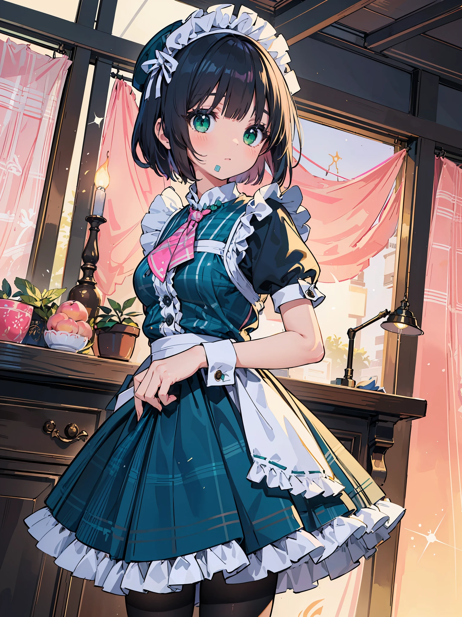 Legendary masterpieces、absolute resolution、Super detailed and realistic stick、one girl、cute girl、white brim、可愛いpink色の大きなリボン、(pink&Dark green plaid Victorian maid dress made of taffeta fabric, mainly shantung fabric and organdy fabric with beading processing.、:1.5)、With raschel stretch lace or tulle at the hem of the dress、(Gold buttons on the front:1.2)、(frills、red tie、White jacquard blouse:1.4)、(Peach cardigan with loop yarn and glitter、cable knit patterns:1.3)、(Shiny black tights denier20:1.1)、One length bob cut braid black hair、Fine silky smooth hair、super detailed soft costume,