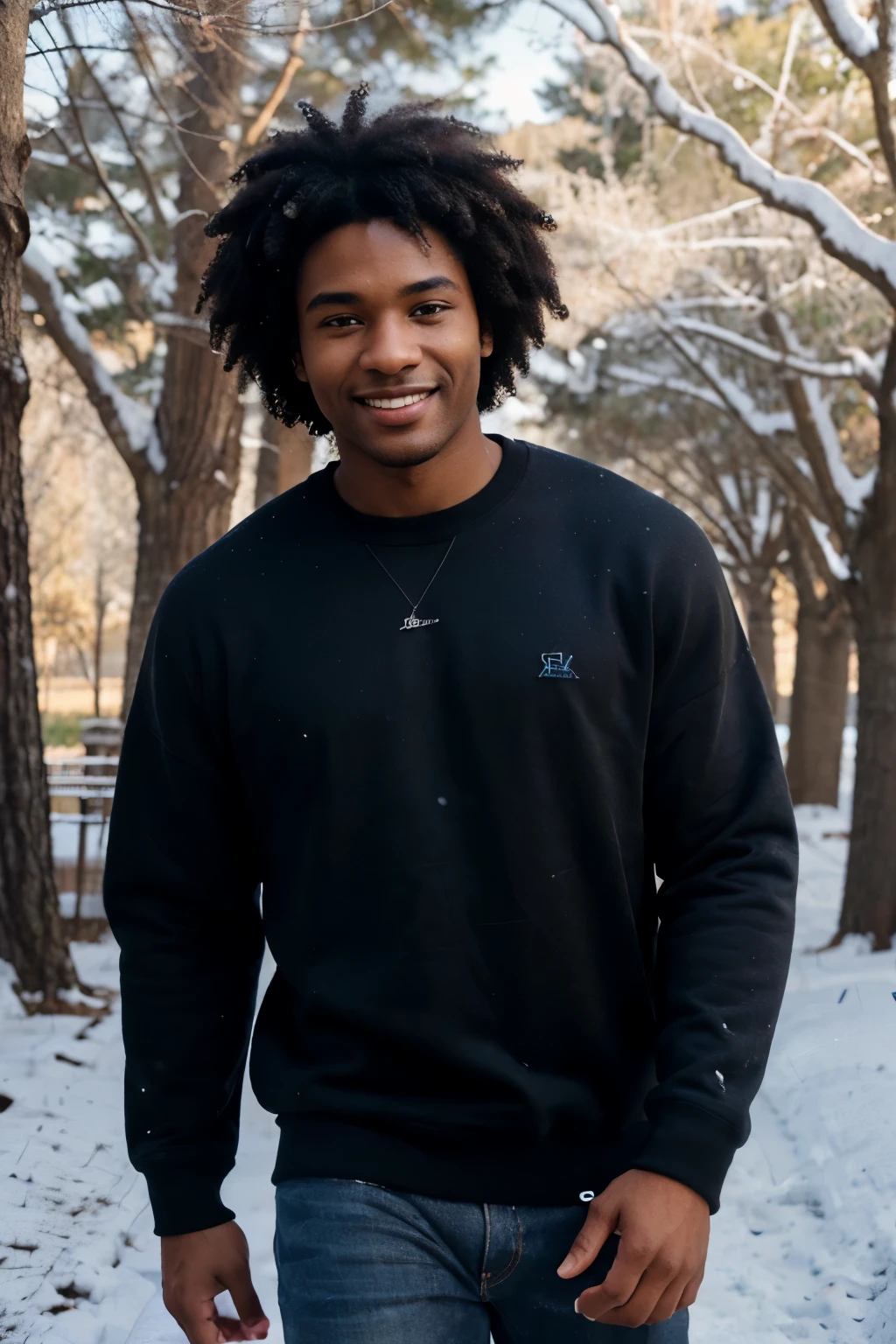 ((perfect photograph)), ((realistic)), ((8k)), (perfect face), gorgeous black man with dark afro hair, wearing a straight long white long sweat shirt and dark jeans and a black beanie, standing towards the camera, snowing, torso facing camera, outdoors, lots of light, smiling, large dark oak trees, lots of snow, bright blue eyes