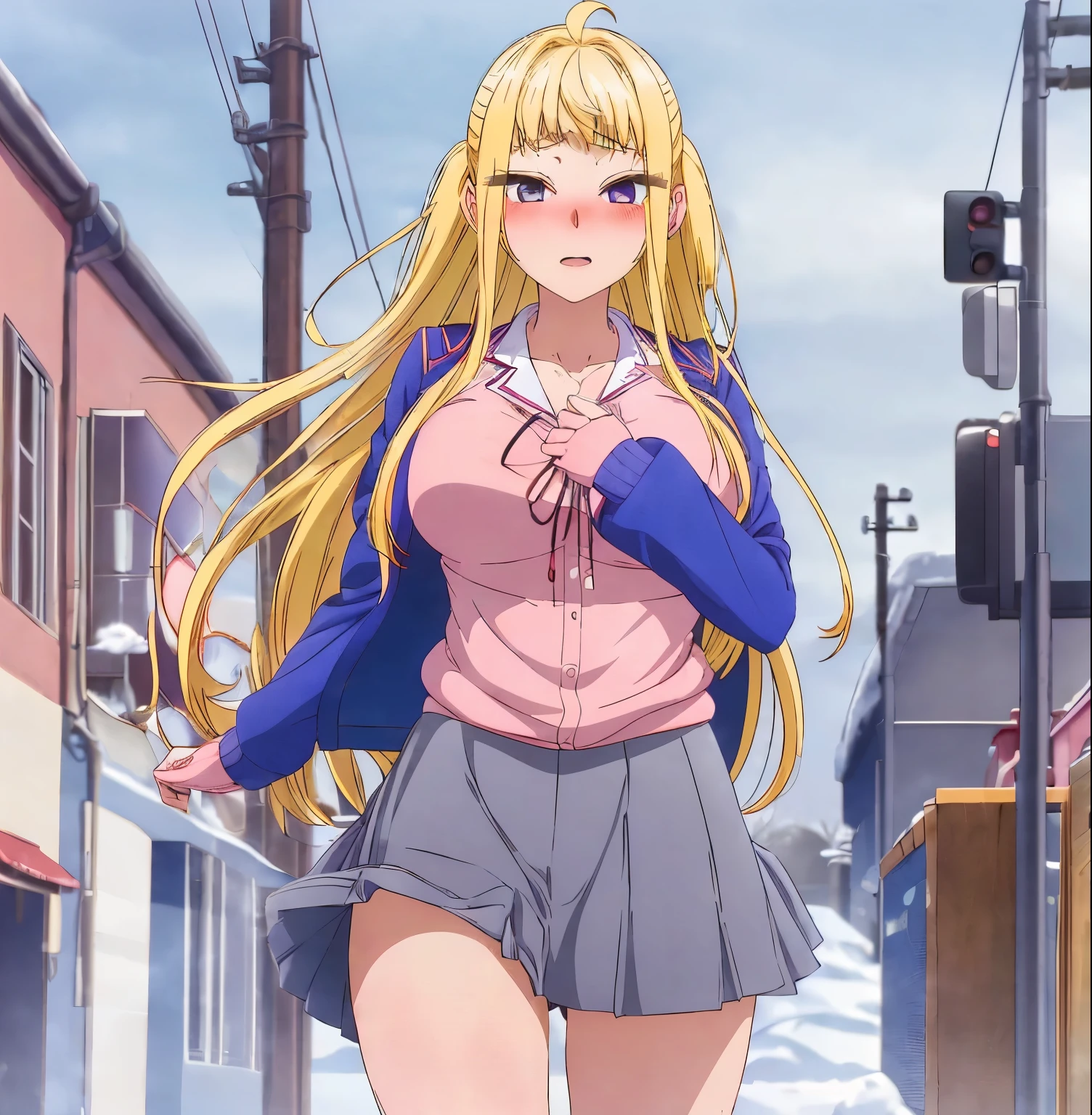 1girl, alone, minami fuyuki,masterpiece,best quality,highres,ultra-detailed,aaminami,long hair,ahoge,large breasts,school uniform,blue jacket,open clothes,long sleeves,neck ribbon,pink cardigan,shirt,grey skirt,boots,fur-trimmed boots,brown footwear,(skirt lift:1.4),(blush:1.2),(embarrass:1.4),outdoors,garden,lace-trimmed panties,(looking_down:1.2),(from_below:1.2),cowboy shot,large breasts, medium waist, wide hips, wide thighs, long blonde hair, violet eyes, earrings in the ears, excellent anatomy, excellent hands