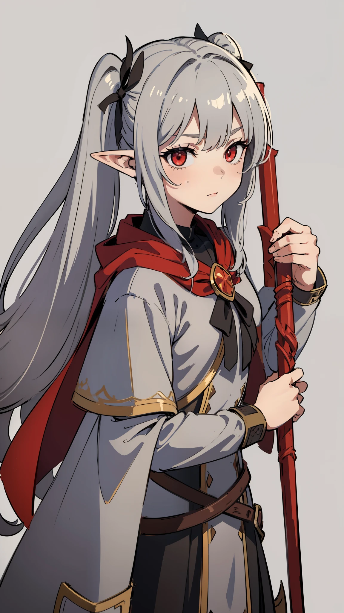 masterpiece, detailed, character image, dungeons and dragons character, 1girl, elf girl, elf mage, white long hair, twin tails, red eyes, wooden staff, simple background, stay calm, ((simple background, grey color background))