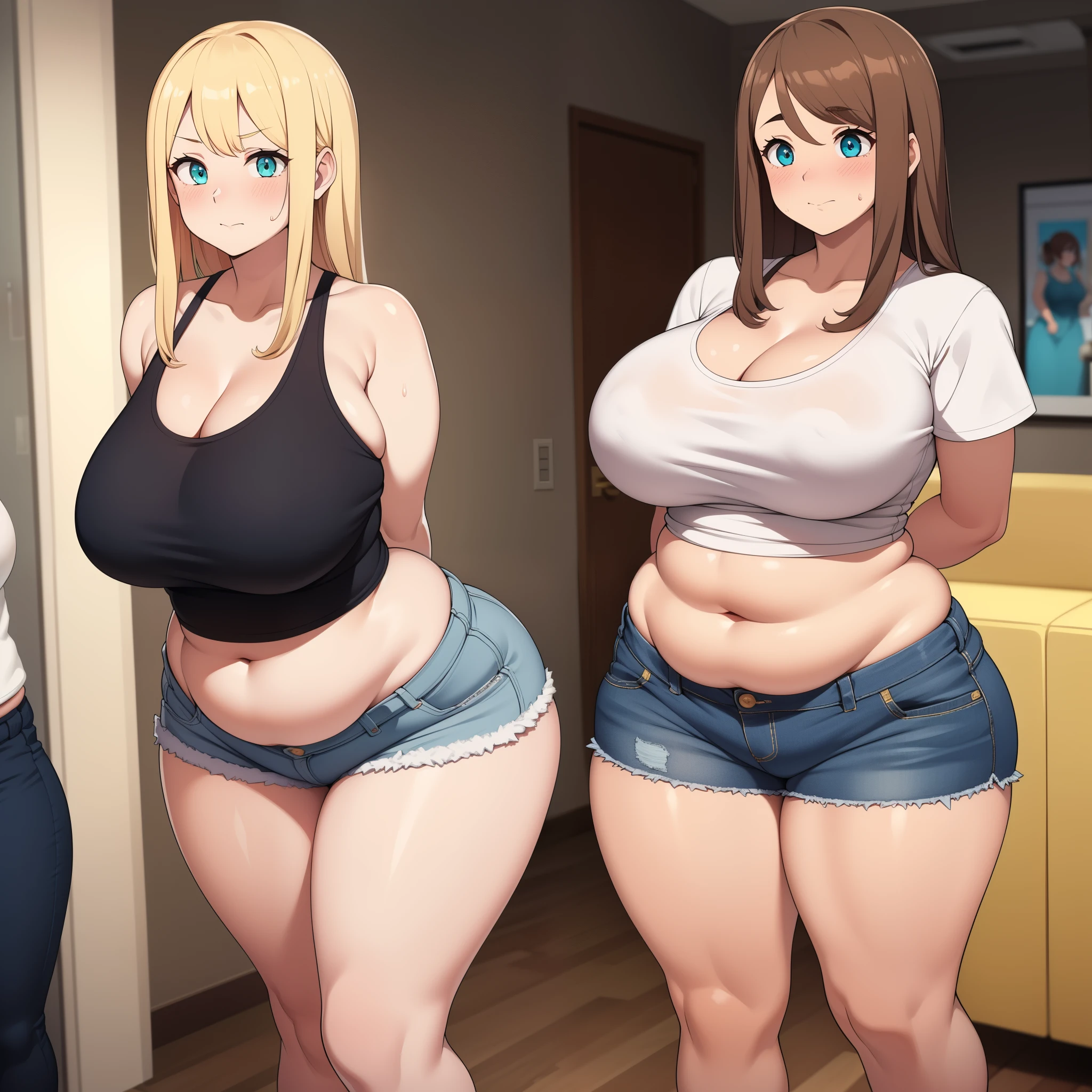 ((highres)), Masterpiece, high quality, best quality, beautiful, perfect lighting, detailed face, ultra cute face, cowboy shot, ((2girls)), (blush), embarrassed, one girl has blonde hair, blue eyes, crop top and shorts, one girl has brown hair, green eyes, jeans, white shirt, tight clothes, living room, medium breasts, cleavage, (wide hips), ((thick thighs)), (chubby), fat folds, belly hang, standing next to each other, arms behind back, harem,