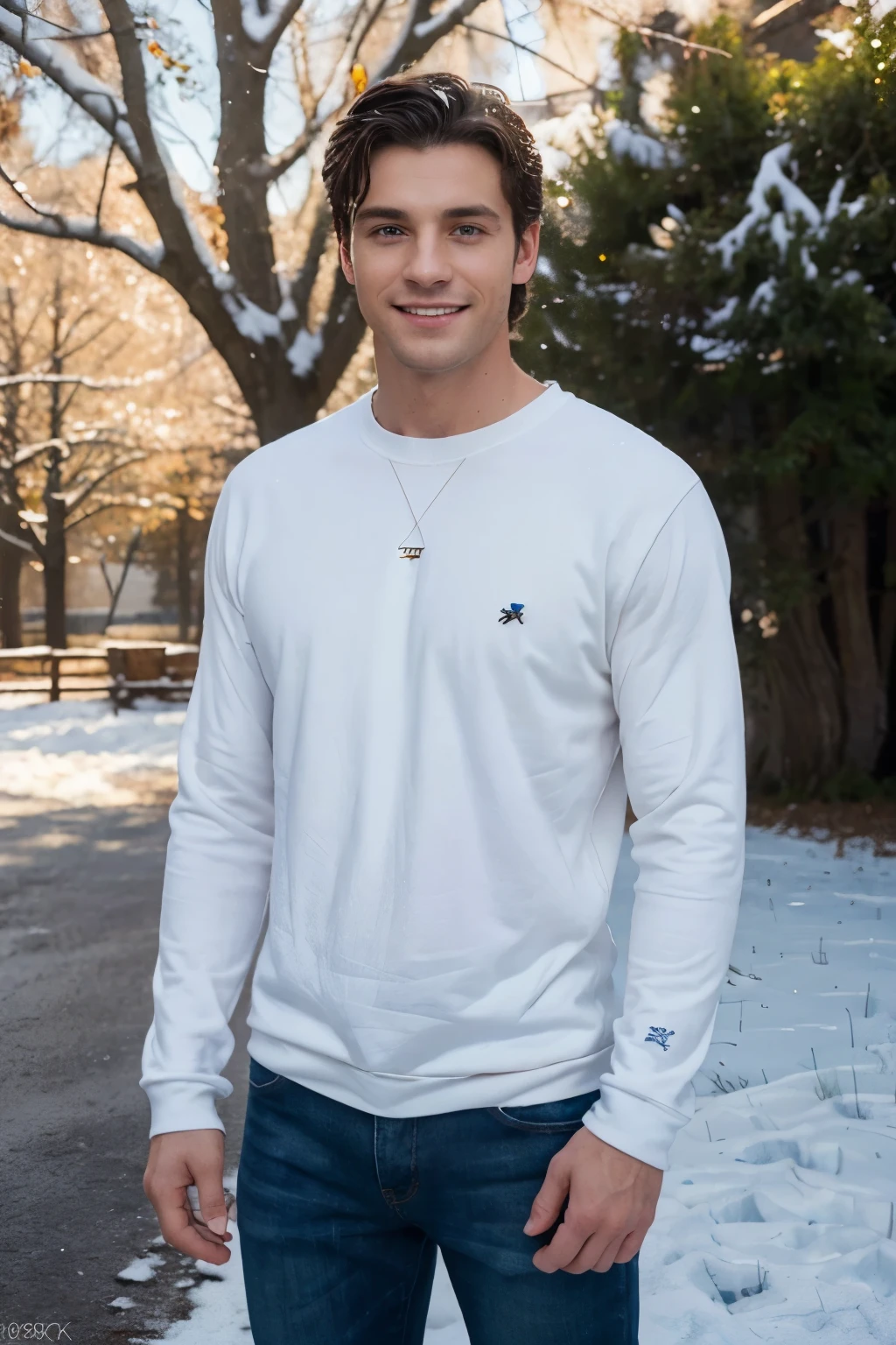 ((perfect photograph)), ((realistic)), ((8k)), (perfect face), gorgeous European man with dark hair, wearing a straight long white long sweat shirt and dark jeans, standing towards the camera, snowing, torso facing camera, outdoors, lots of light, smiling, large dark oak trees, lots of snow, bright blue eyes