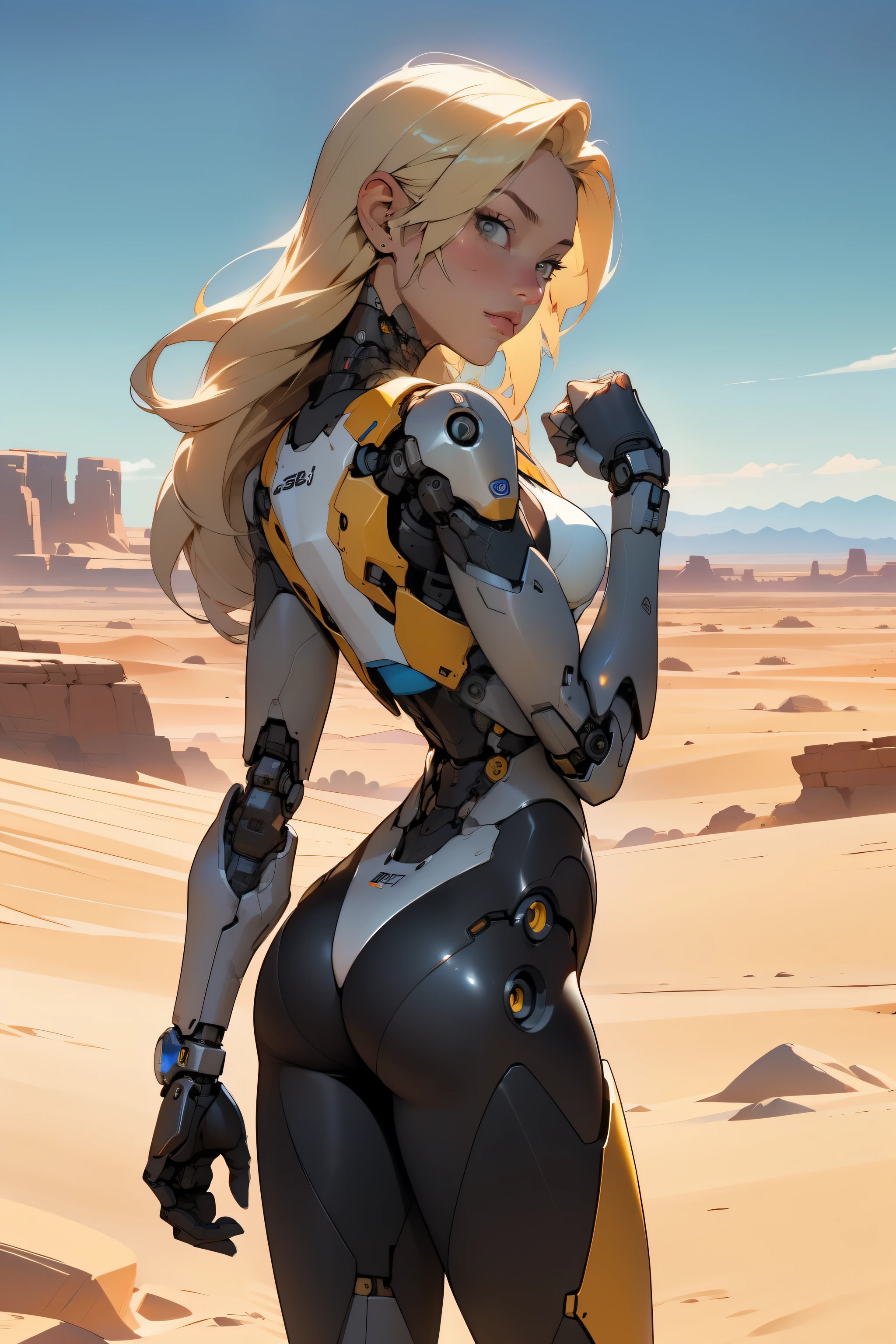high quality, 4k, masterpiece, beautiful, cyborg girl, cowboy shot, dull eyes, back side, turning around to look at viewer, long blonde hair, girl, small breasts, fit thigh, robotic arms, robotic body, cyborg body, yellow accent, redaccent, intricate detail, joint, detailed lines, robotic detail, holding fist up, holding hand up as fist, color robotic parts, robotic parts with color, perfect fingers, on a desert planet, sunny background, colorful desert, a river in the background