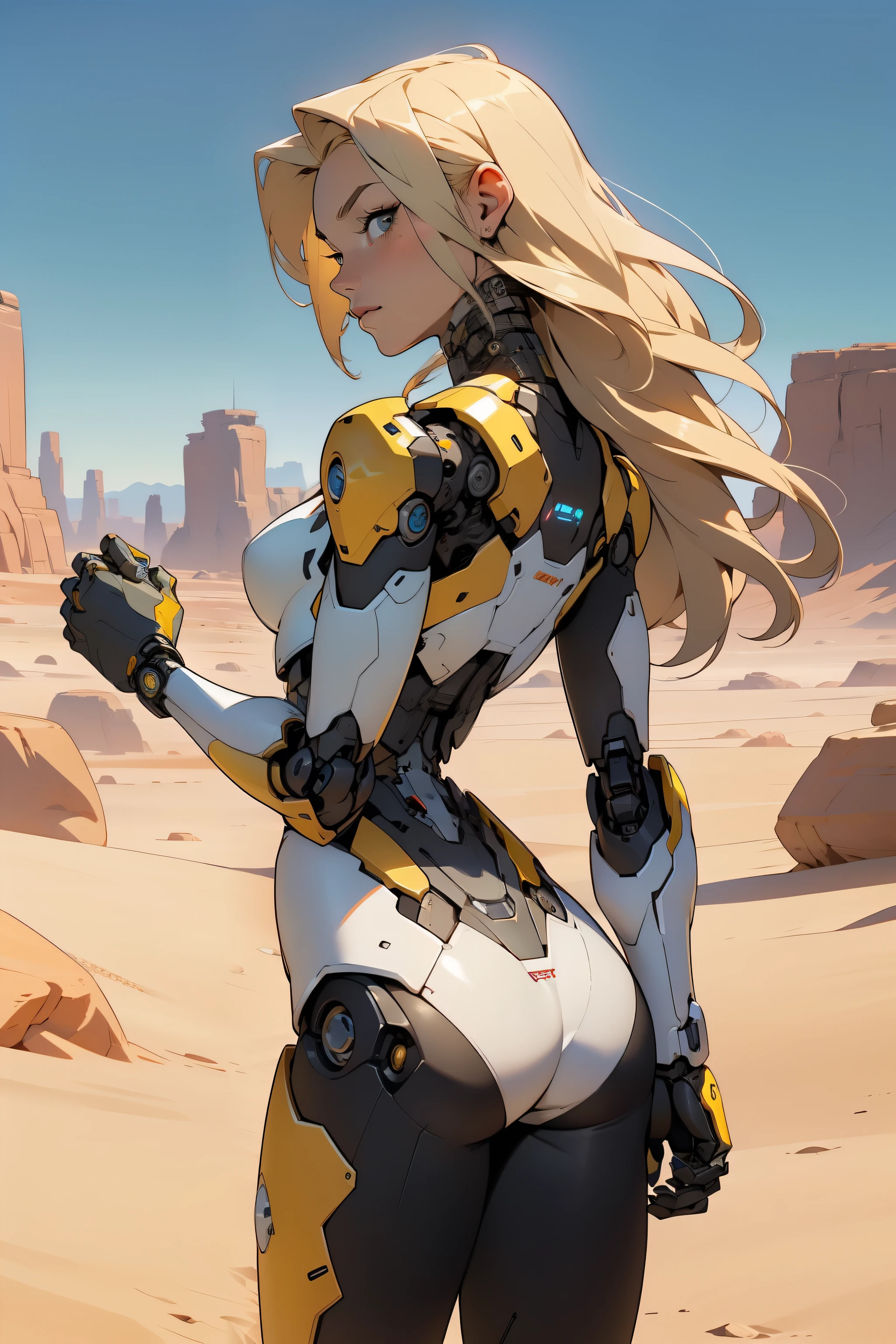 high quality, 4k, masterpiece, beautiful, cyborg girl, cowboy shot, dull eyes, back side, turning around to look at viewer, long blonde hair, girl, small breasts, fit thigh, robotic arms, robotic body, cyborg body, yellow accent, redaccent, intricate detail, joint, detailed lines, robotic detail, holding fist up, holding hand up as fist, color robotic parts, robotic parts with color, perfect fingers, on a desert planet, sunny background, colorful desert, a river in the background
