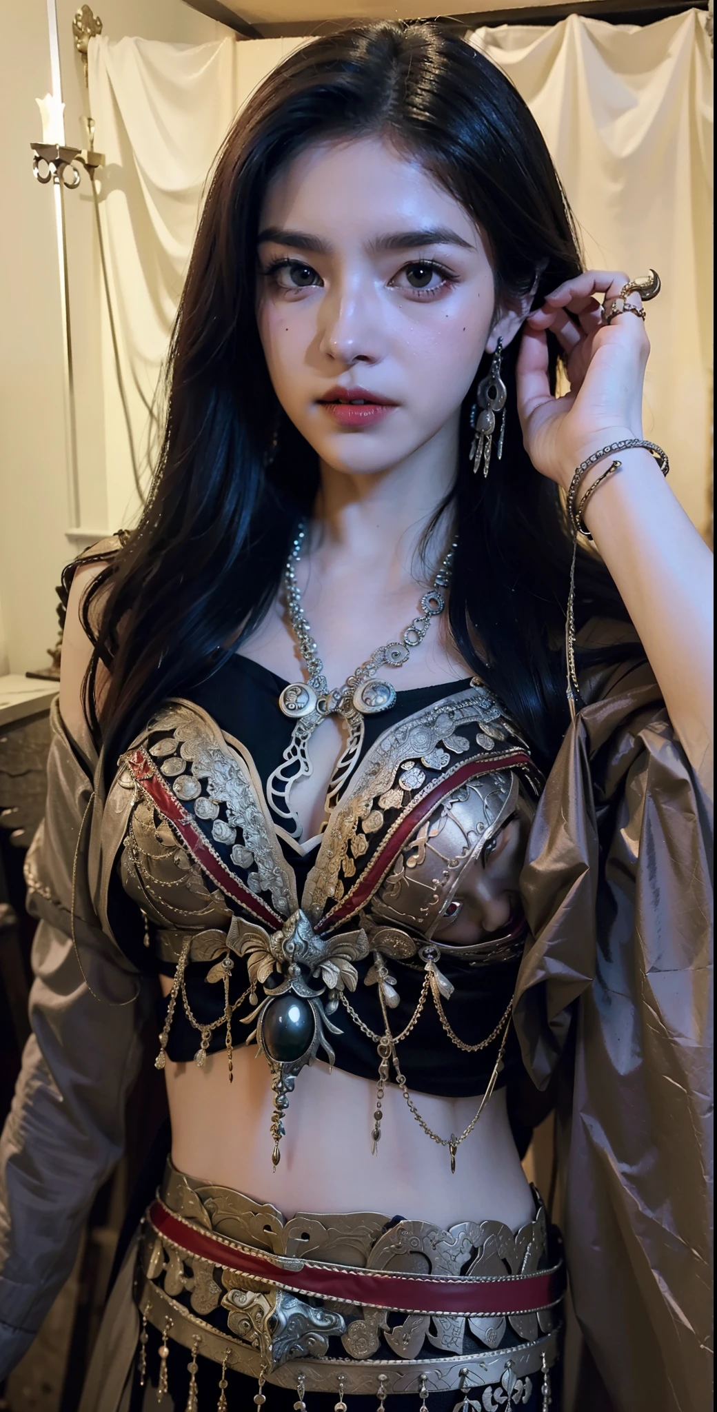 ((Realistic lighting, Masterpiece: 1.3), (raw photo:1.2), Best quality, 8K), Hyperrealist portrait gorgeous Beautiful tribal Chinese tribal woman, mature woman, 50 years old, Milf, beautiful serious face, wrinkled face, beautiful detailed charming eyes, (pretty natural breasts: 1.1), ((tribal black strapless top: 1.1), (sexy tribal black skirt), (tribal black Hooded Cloak Coat: 1.2), (tribal hijab: 1.2)), tribal loincloth, (tribal jewelry, tribal necklace), tribal Palace background, legendary style, epic style, full body, (standing pose: 1.2, tribal Palace background), professional photography, font view, very detailed faces, (garnet red lips, subtle makeup: 1.3), colorful style