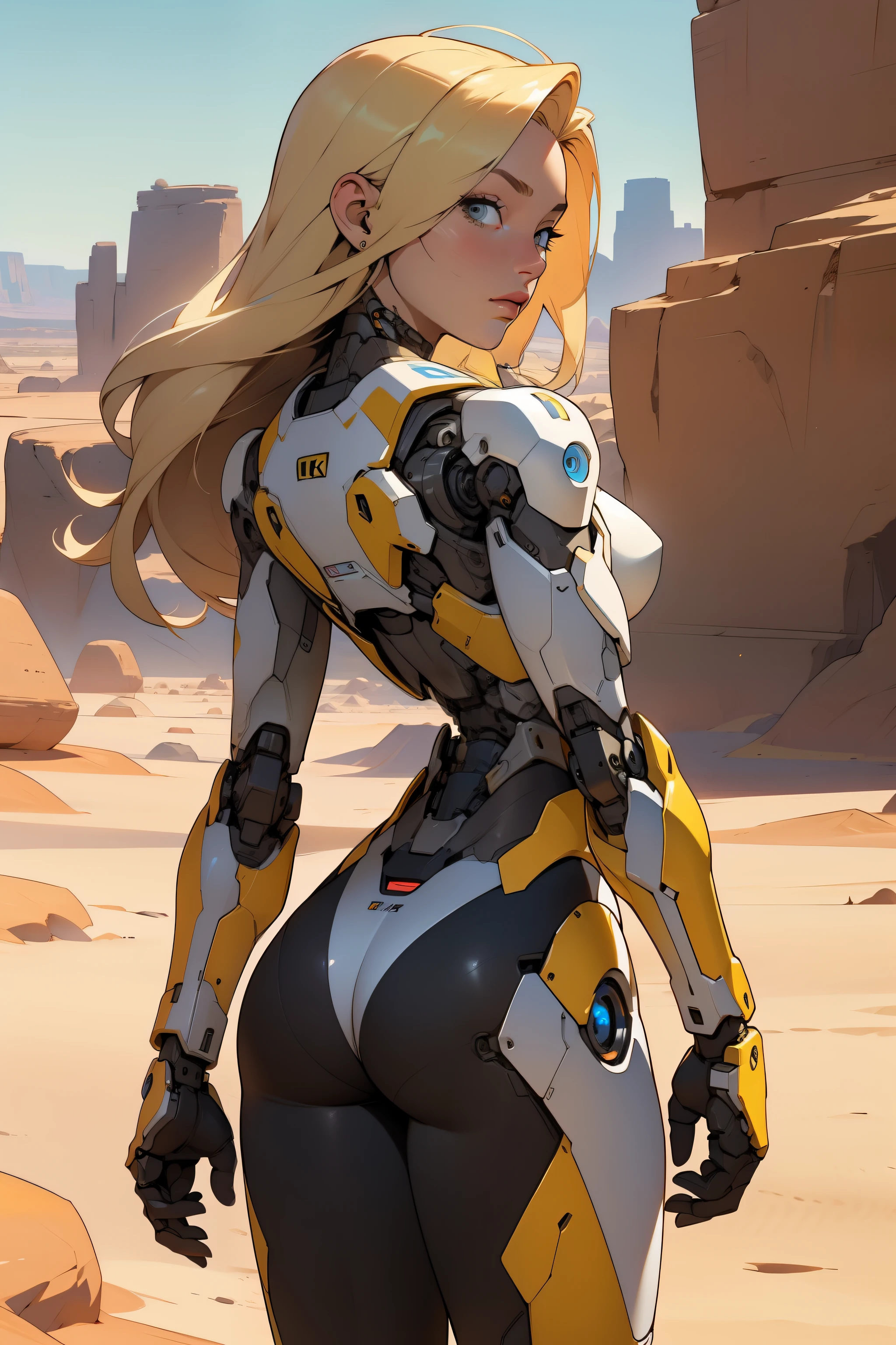 high quality, 4k, masterpiece, beautiful, cyborg girl, cowboy shot, dull eyes, back side, turning around to look at viewer, long blonde hair, girl, small breasts, fit thigh, robotic arms, robotic body, cyborg body, yellow accent, redaccent, intricate detail, joint, detailed lines, robotic detail, holding fist up, holding hand up as fist, color robotic parts, robotic parts with color, perfect fingers, on a desert planet, sunny background, colorful desert, a river in the background
