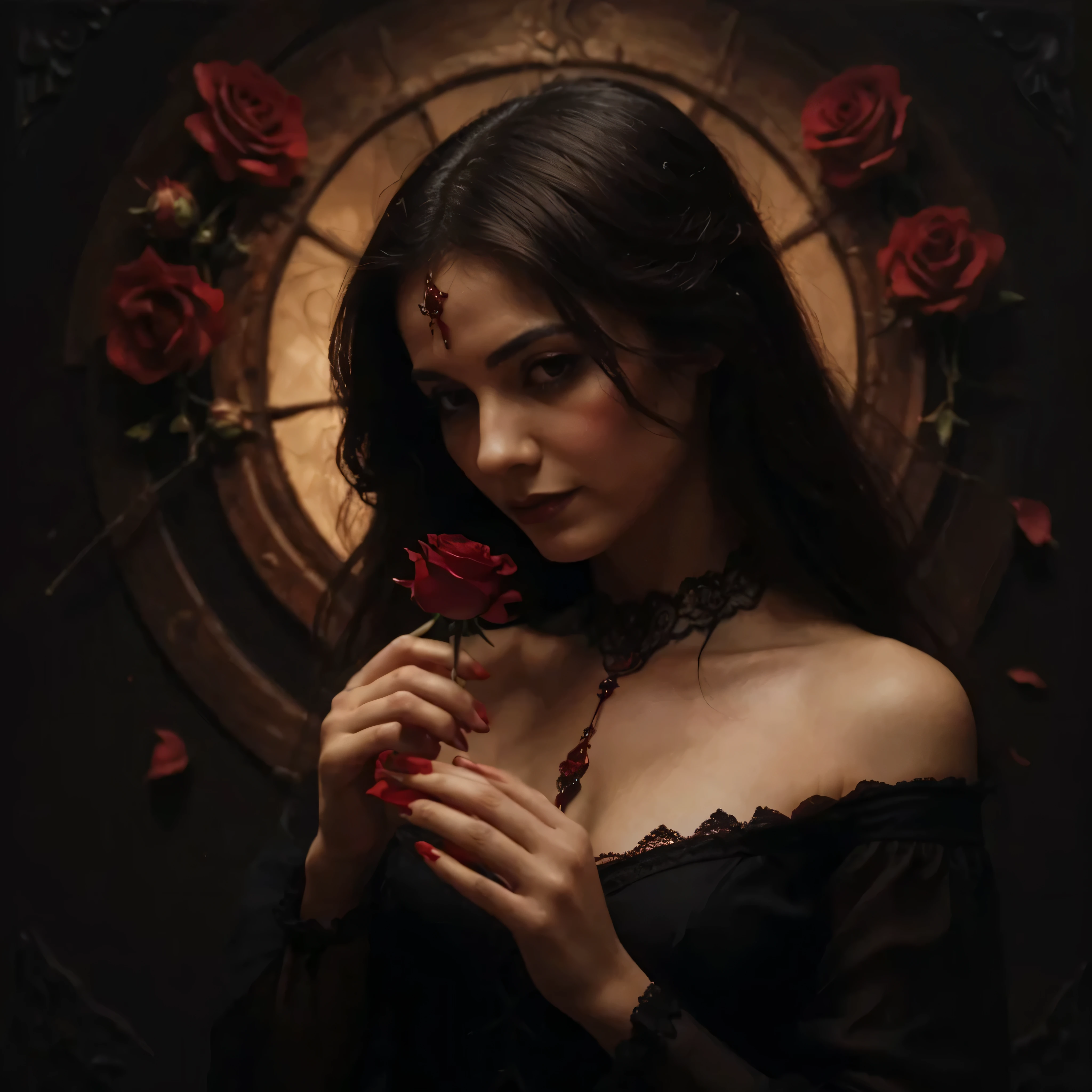 (Mejor calidad,high resolution:1.2),oil painting,mano de mujer detallada,centrado,sosteniendo una rosa roja,fading petals,Gothic style,oscuro y vibrante, Detalles de BLOOD,small flickering flame